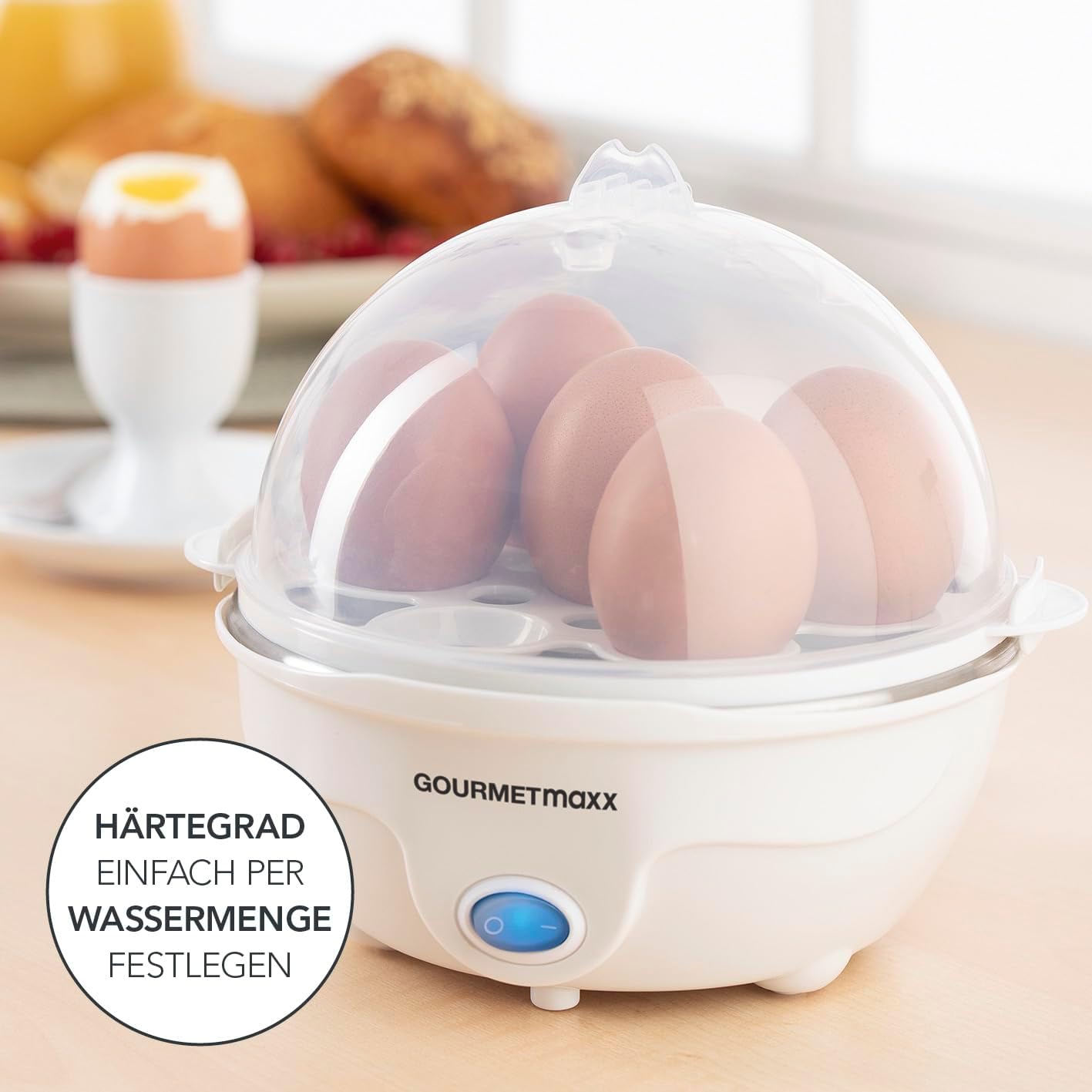 GOURMETmaxx Eierkocher für bis zu 7 Eier | Elektrischer und energiesparender Egg Cooker für individeulle Härtegrade | Inkl. Messbecher mit Ei-Pick für perfekte Ergebnisse | Mit Dampfauslassung [350 W] — Ansicht 3