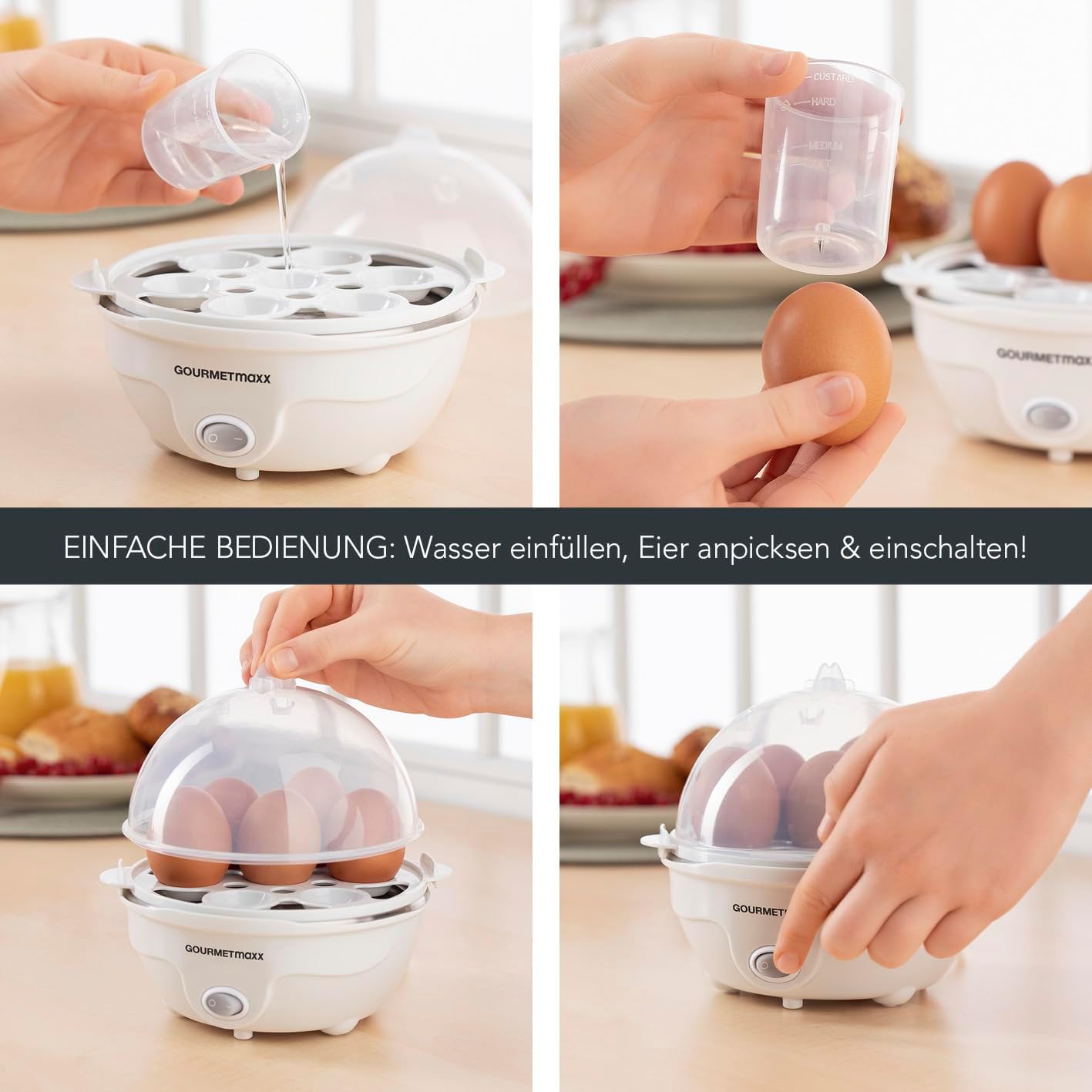 GOURMETmaxx Eierkocher für bis zu 7 Eier | Elektrischer und energiesparender Egg Cooker für individeulle Härtegrade | Inkl. Messbecher mit Ei-Pick für perfekte Ergebnisse | Mit Dampfauslassung [350 W] — Ansicht 4