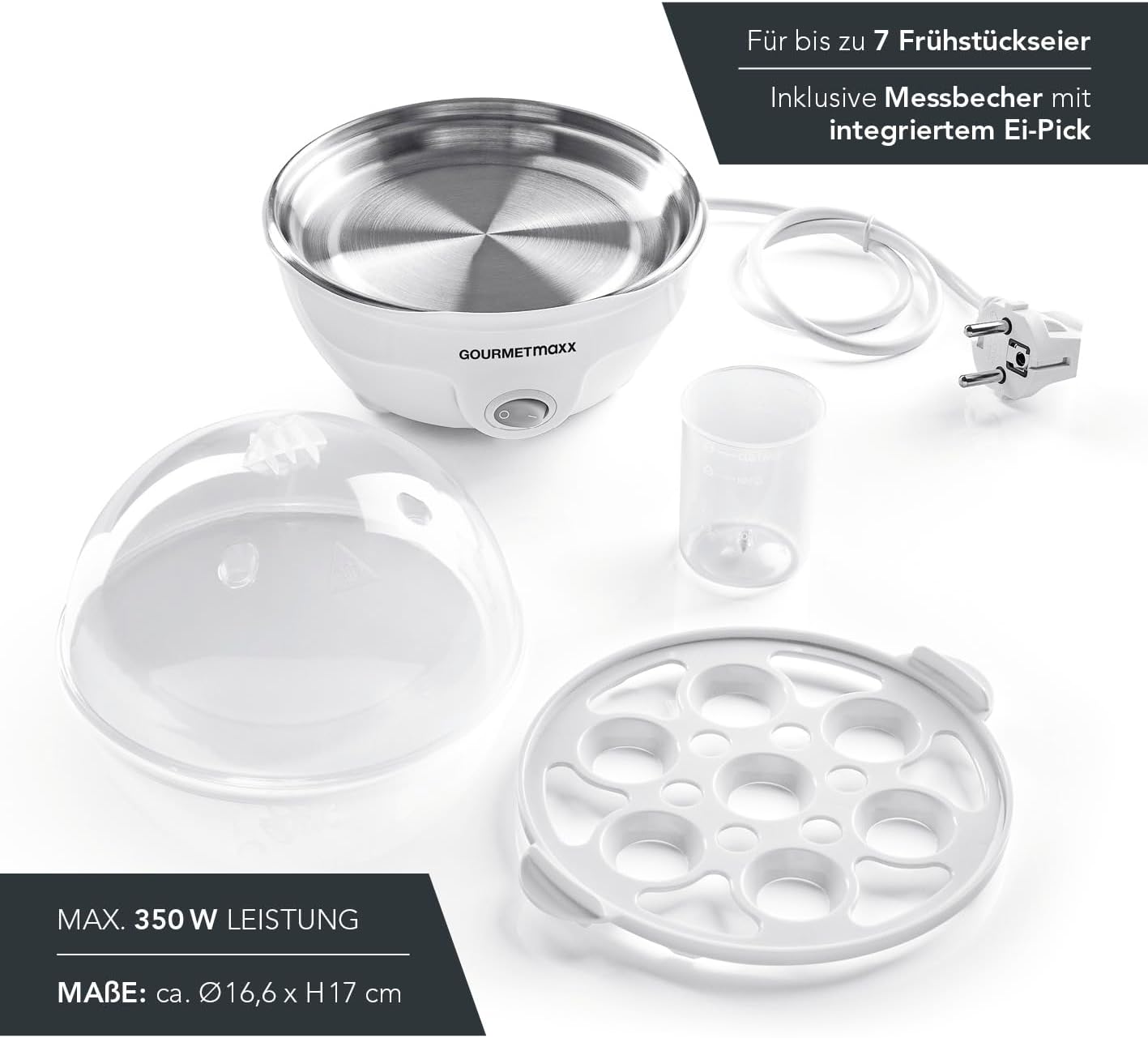 GOURMETmaxx Eierkocher für bis zu 7 Eier | Elektrischer und energiesparender Egg Cooker für individeulle Härtegrade | Inkl. Messbecher mit Ei-Pick für perfekte Ergebnisse | Mit Dampfauslassung [350 W] — Ansicht 6