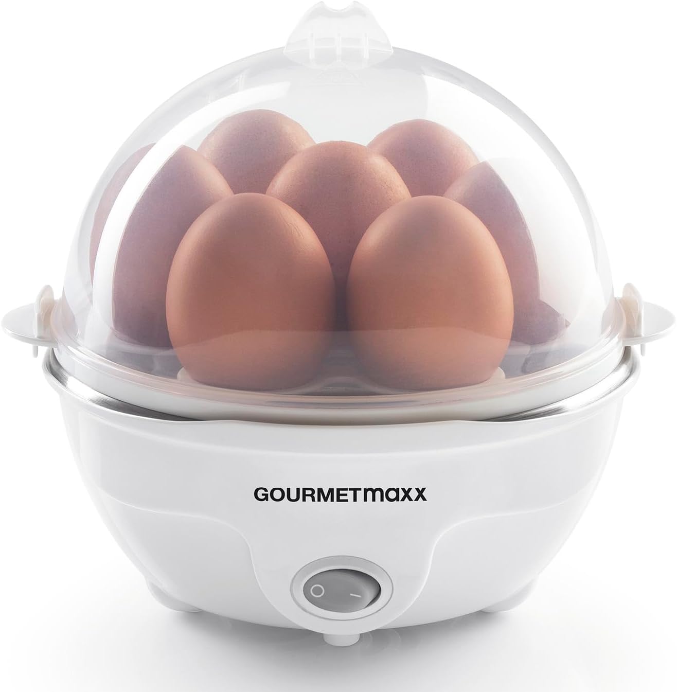 GOURMETmaxx Eierkocher für bis zu 7 Eier | Elektrischer und energiesparender Egg Cooker für individeulle Härtegrade | Inkl. Messbecher mit Ei-Pick für perfekte Ergebnisse | Mit Dampfauslassung [350 W]