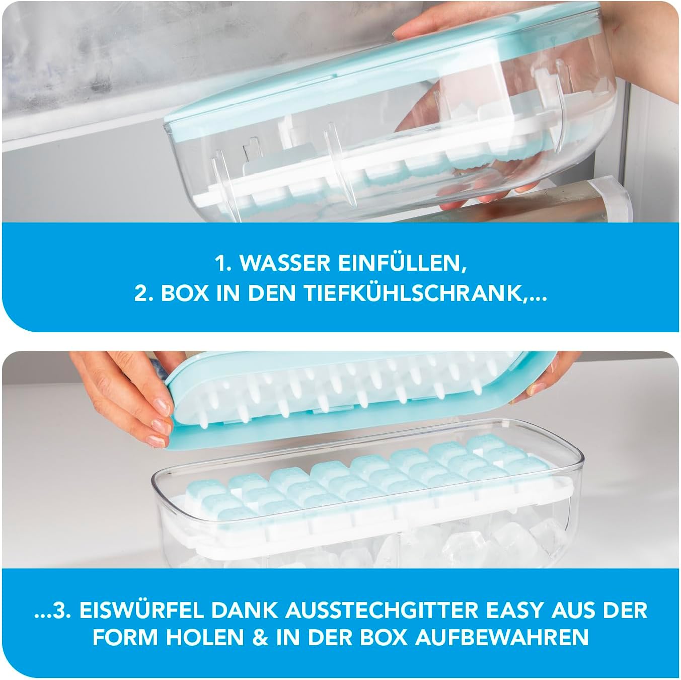 GOURMETmaxx Eiswürfelbehälter | 2-in-1 Funktion Maker-Form & Aufbewahrungsbox | Inkl. Schaufel & Ausstechgitter für bequemes/einfaches Entnehmen | Verschließbar & Stapelbar [BPA-frei] — Ansicht 5