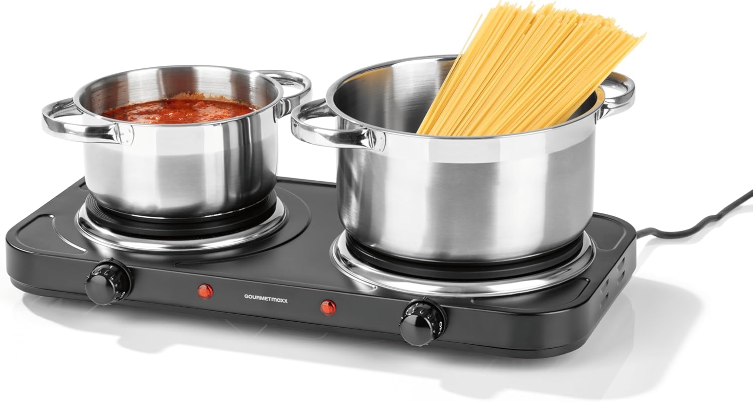 GOURMETmaxx elektrische Doppel-Herdplatte | Doppelkochplatte mit stufenloser Temperaturregelung | 2 Kochfelder - ∅ 15,5 & 18,5 cm | Kompaktes & mobiles Design | Ideal für Camping, Büro & kleine Küchen — Ansicht 2
