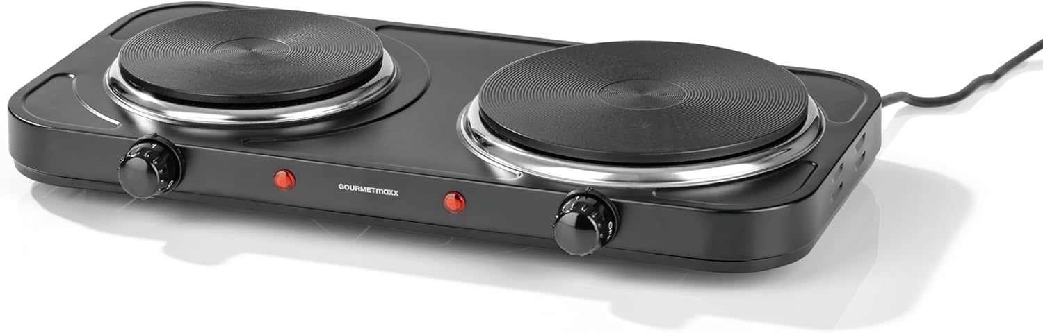 GOURMETmaxx elektrische Doppel-Herdplatte | Doppelkochplatte mit stufenloser Temperaturregelung | 2 Kochfelder - ∅ 15,5 & 18,5 cm | Kompaktes & mobiles Design | Ideal für Camping, Büro & kleine Küchen