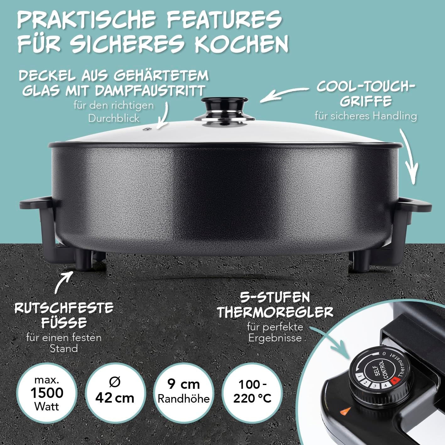 GOURMETmaxx elektrische Pizza-Pfanne mit Thermostat, Glasdeckel & Antihaftbeschichtung | Multifunktionspfanne mit ⌀ 42 cm Durchmesser & 1500 Watt | Pizza Pan - ideal für Partys — Ansicht 3