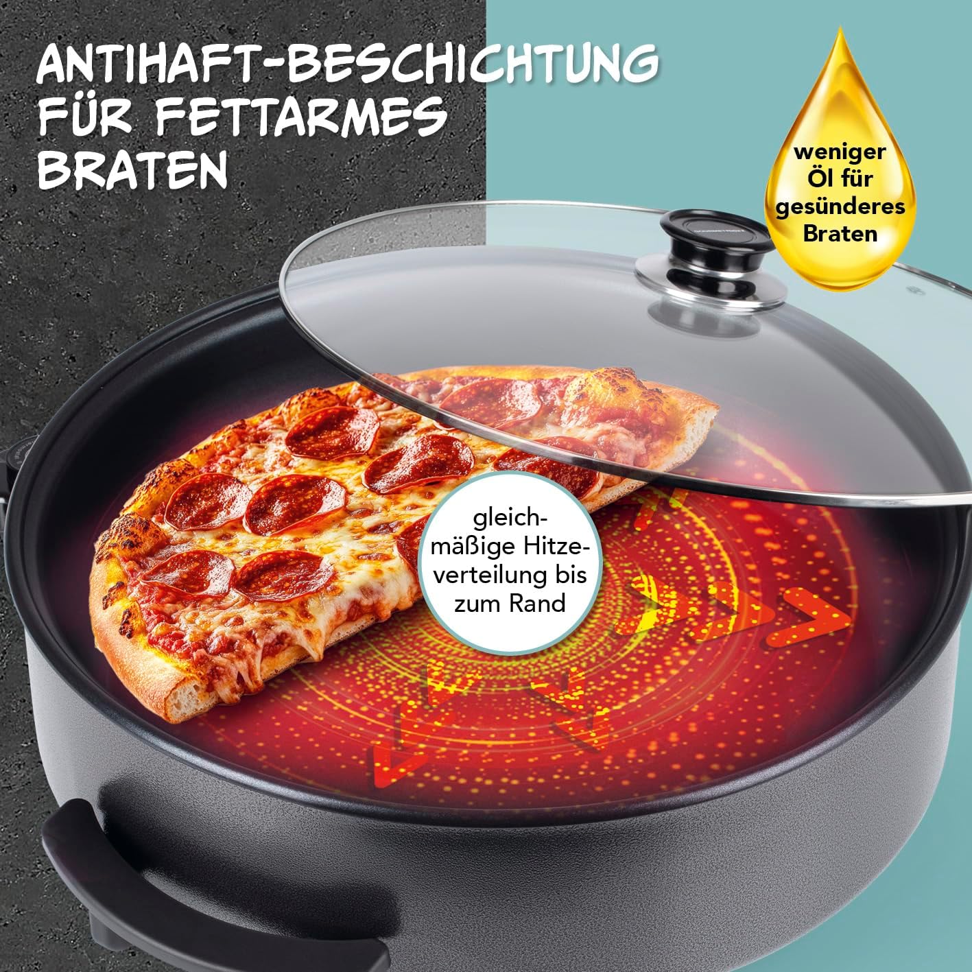 GOURMETmaxx elektrische Pizza-Pfanne mit Thermostat, Glasdeckel & Antihaftbeschichtung | Multifunktionspfanne mit ⌀ 42 cm Durchmesser & 1500 Watt | Pizza Pan - ideal für Partys — Ansicht 4