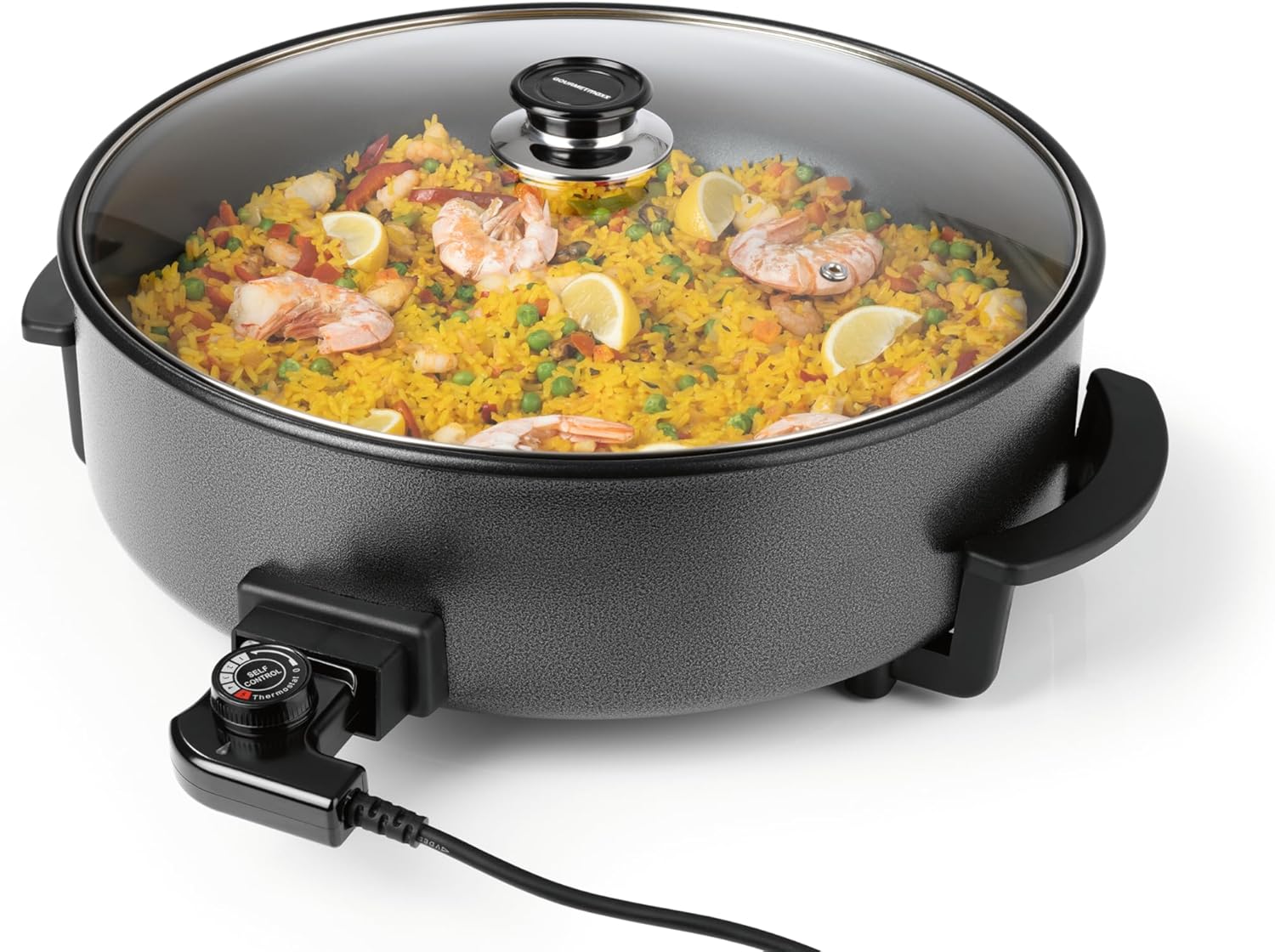 GOURMETmaxx elektrische Pizza-Pfanne mit Thermostat, Glasdeckel & Antihaftbeschichtung | Multifunktionspfanne mit ⌀ 42 cm Durchmesser & 1500 Watt | Pizza Pan - ideal für Partys