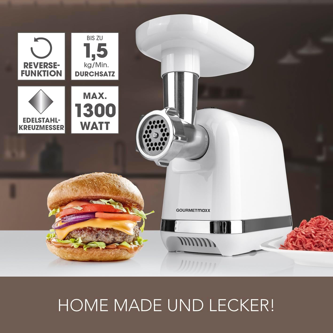 GOURMETmaxx elektrischer Fleischwolf mit verschiedenen Aufsätzen | Zur Verarbeitung von Fleisch, Fisch & Gebäck | Auf Knopfdruck Hackfleisch, Wurst, Spritzgebäck & mehr | Leichte Reinigung | 1300 W — Ansicht 2