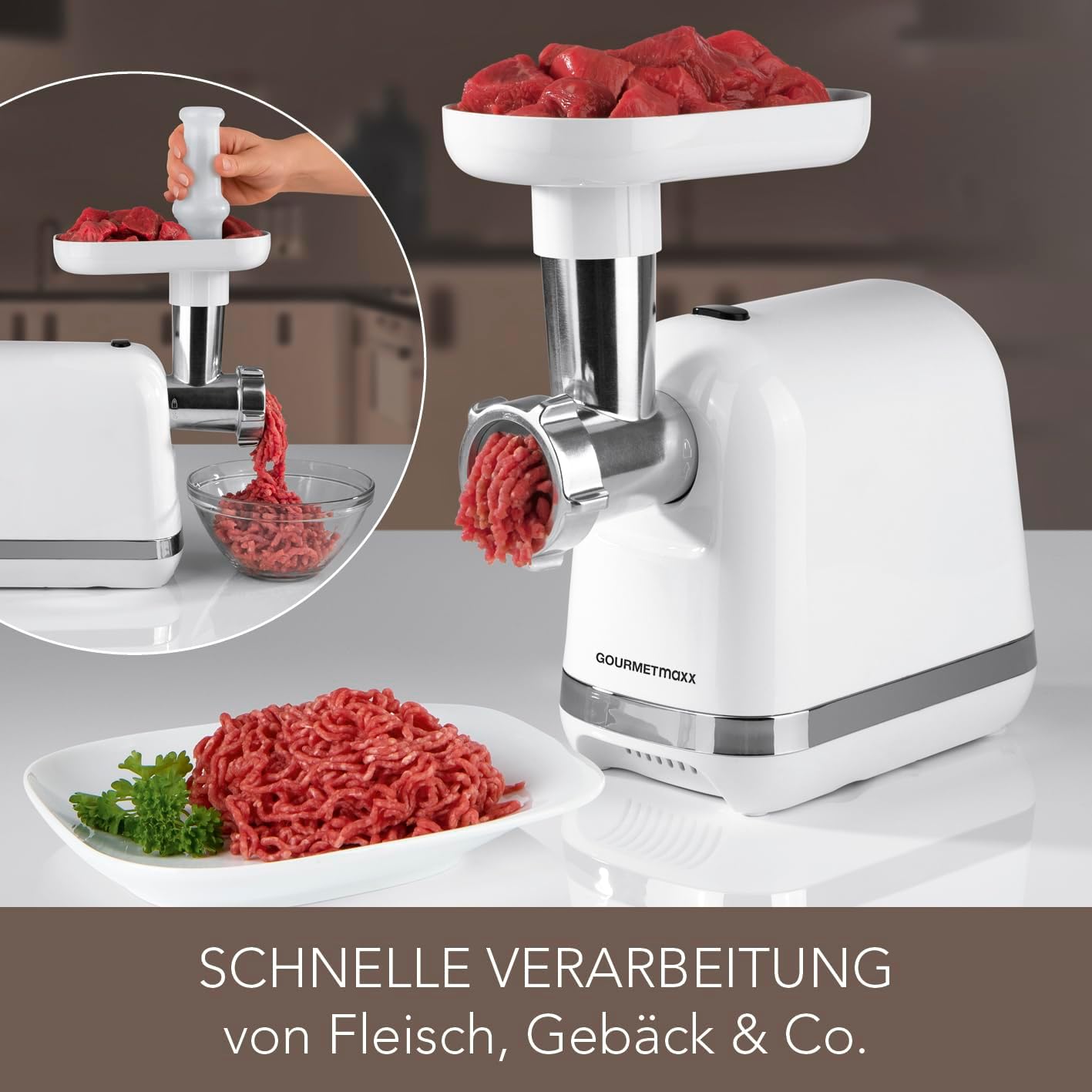 GOURMETmaxx elektrischer Fleischwolf mit verschiedenen Aufsätzen | Zur Verarbeitung von Fleisch, Fisch & Gebäck | Auf Knopfdruck Hackfleisch, Wurst, Spritzgebäck & mehr | Leichte Reinigung | 1300 W — Ansicht 4