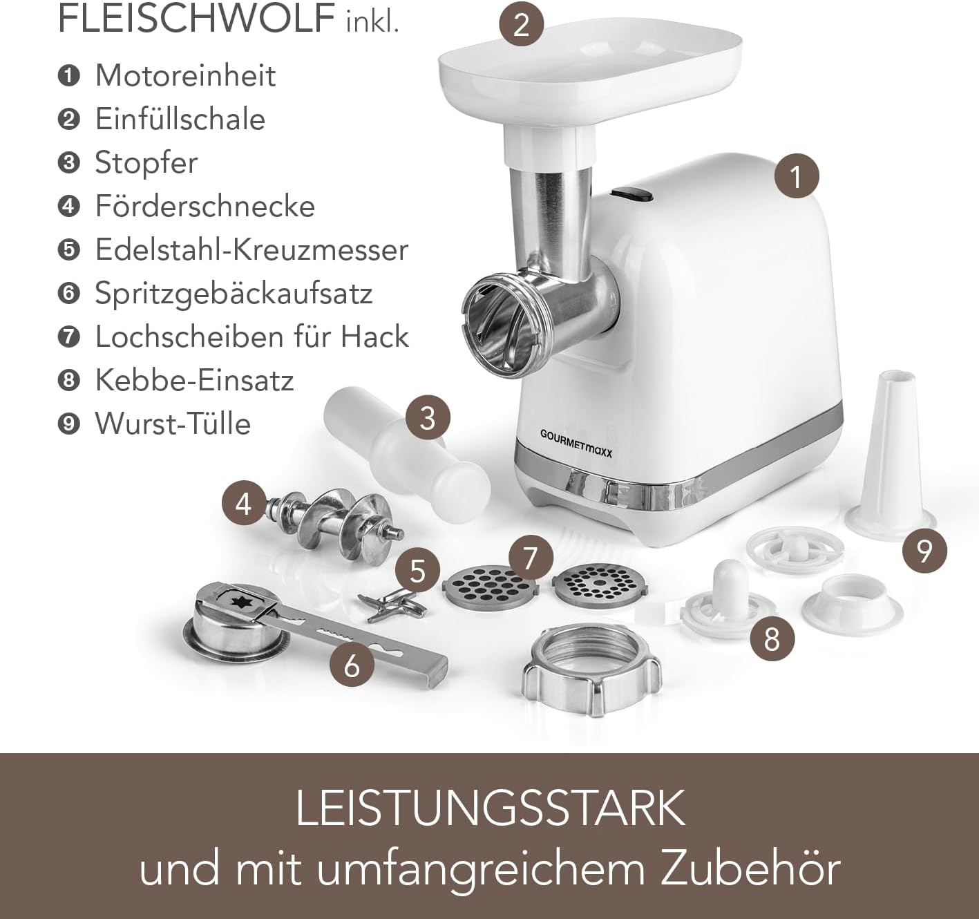 GOURMETmaxx elektrischer Fleischwolf mit verschiedenen Aufsätzen | Zur Verarbeitung von Fleisch, Fisch & Gebäck | Auf Knopfdruck Hackfleisch, Wurst, Spritzgebäck & mehr | Leichte Reinigung | 1300 W — Ansicht 5