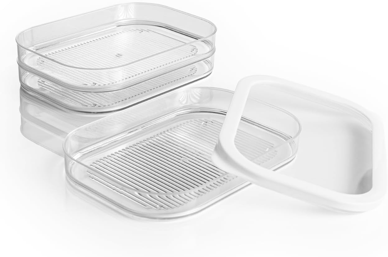 GOURMETmaxx Frischhaltedosen mit Deckel | Aufbewahrungsboxen mit 3 Lagen für Aufschnitt, Gemüse & Obst | 4-tlg. Kühlschrank Organizer | Stapelbar & luftdicht, Weiß/Transparent — Ansicht 2
