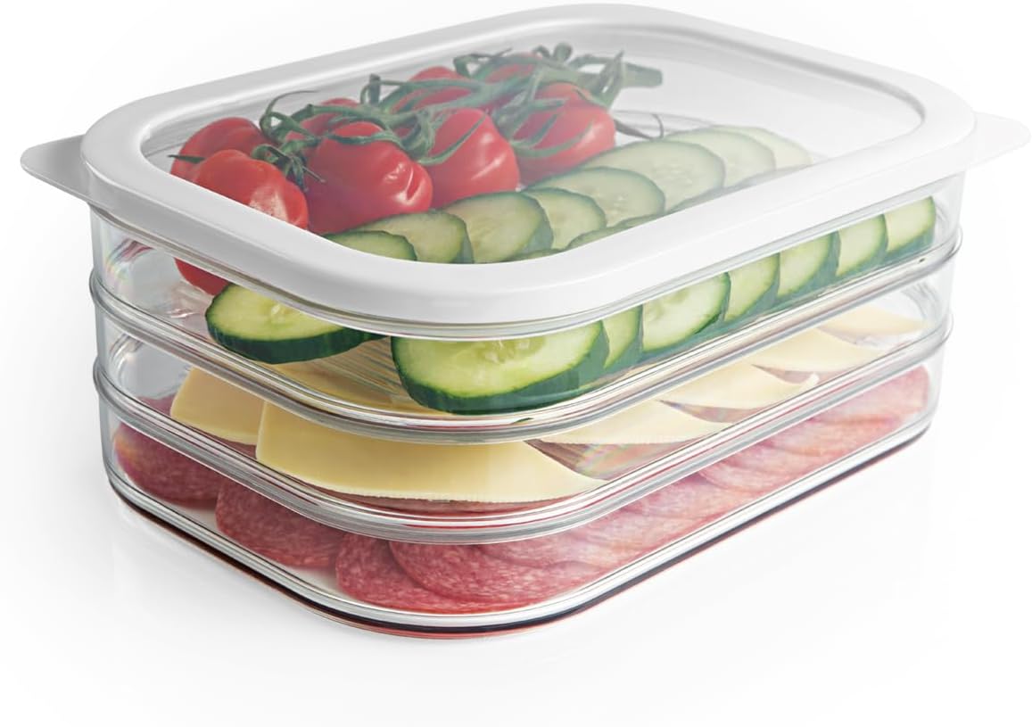 GOURMETmaxx Frischhaltedosen mit Deckel | Aufbewahrungsboxen mit 3 Lagen für Aufschnitt, Gemüse & Obst | 4-tlg. Kühlschrank Organizer | Stapelbar & luftdicht, Weiß/Transparent — Ansicht 3