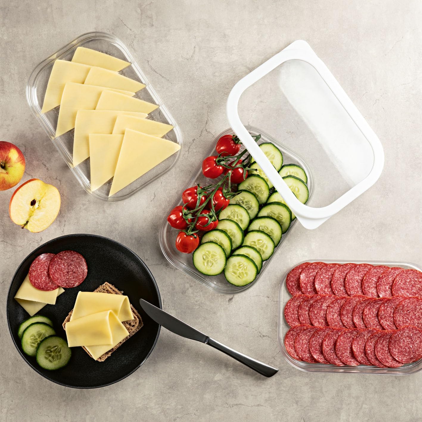 GOURMETmaxx Frischhaltedosen mit Deckel | Aufbewahrungsboxen mit 3 Lagen für Aufschnitt, Gemüse & Obst | 4-tlg. Kühlschrank Organizer | Stapelbar & luftdicht, Weiß/Transparent — Ansicht 4