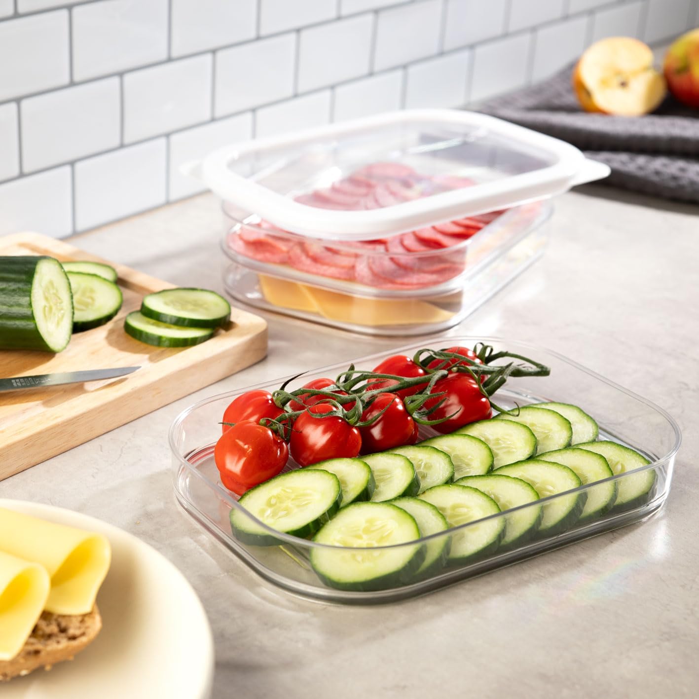 GOURMETmaxx Frischhaltedosen mit Deckel | Aufbewahrungsboxen mit 3 Lagen für Aufschnitt, Gemüse & Obst | 4-tlg. Kühlschrank Organizer | Stapelbar & luftdicht, Weiß/Transparent — Ansicht 5
