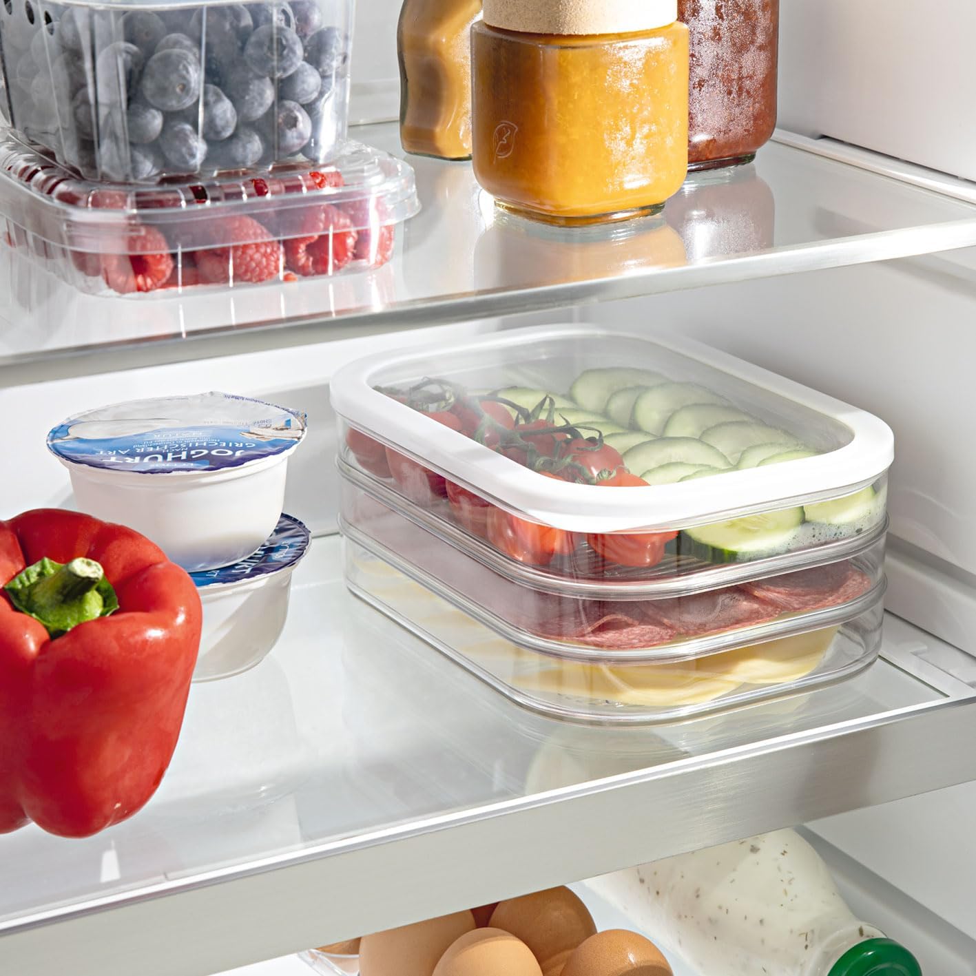 GOURMETmaxx Frischhaltedosen mit Deckel | Aufbewahrungsboxen mit 3 Lagen für Aufschnitt, Gemüse & Obst | 4-tlg. Kühlschrank Organizer | Stapelbar & luftdicht, Weiß/Transparent — Ansicht 6