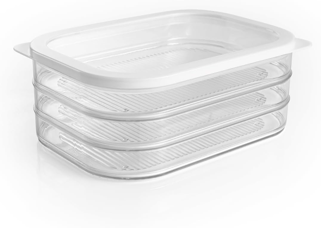 GOURMETmaxx Frischhaltedosen mit Deckel | Aufbewahrungsboxen mit 3 Lagen für Aufschnitt, Gemüse & Obst | 4-tlg. Kühlschrank Organizer | Stapelbar & luftdicht, Weiß/Transparent