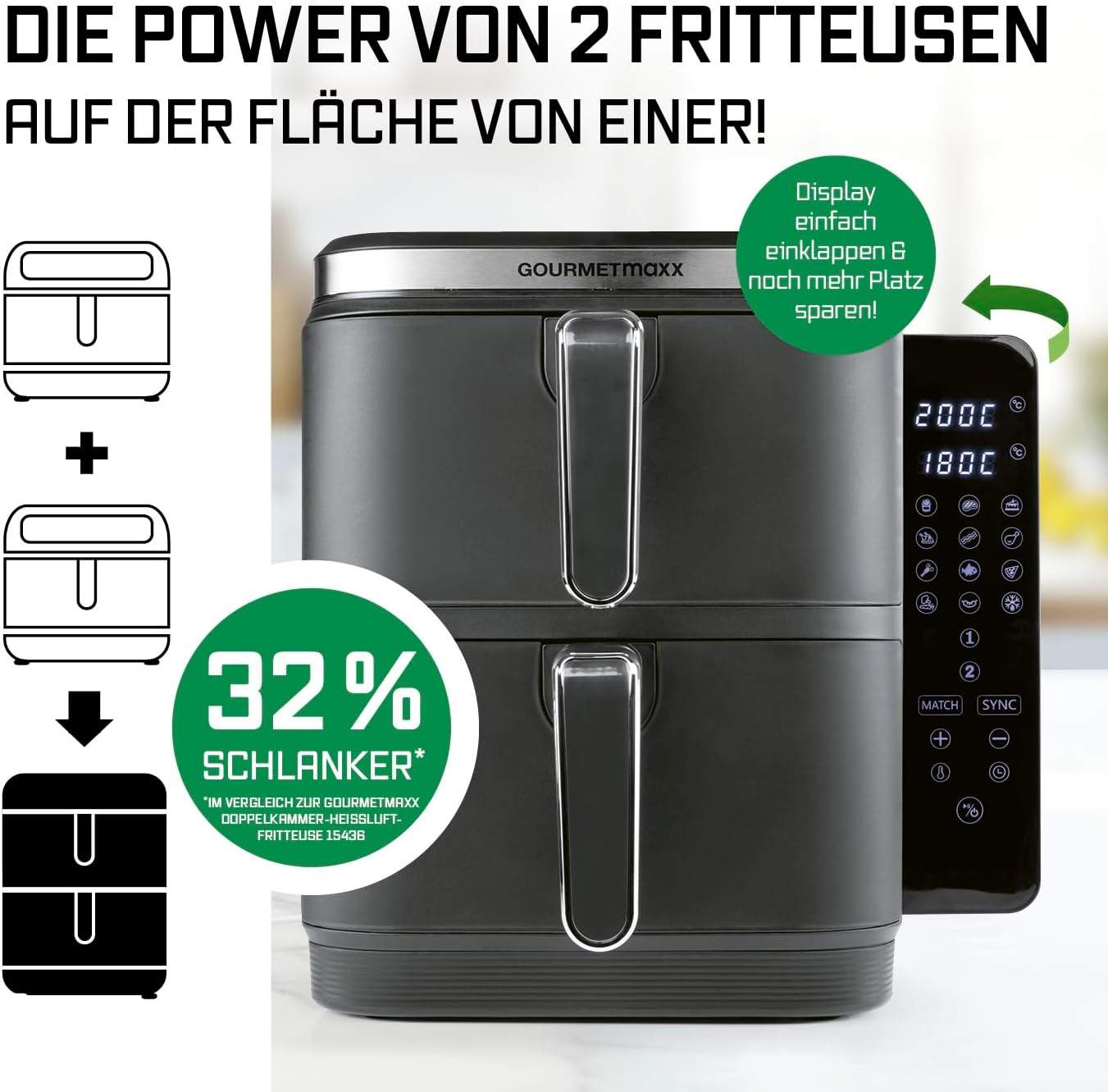 GOURMETmaxx FryUp Vertikale Doppelkammer Heißluftfritteuse | vertikaler Airfryer | klappbares Touchdisplay | 32% platzsparender | Fassungsvermögen 10L | Heißluftfritteuse 2 Kammern — Ansicht 2