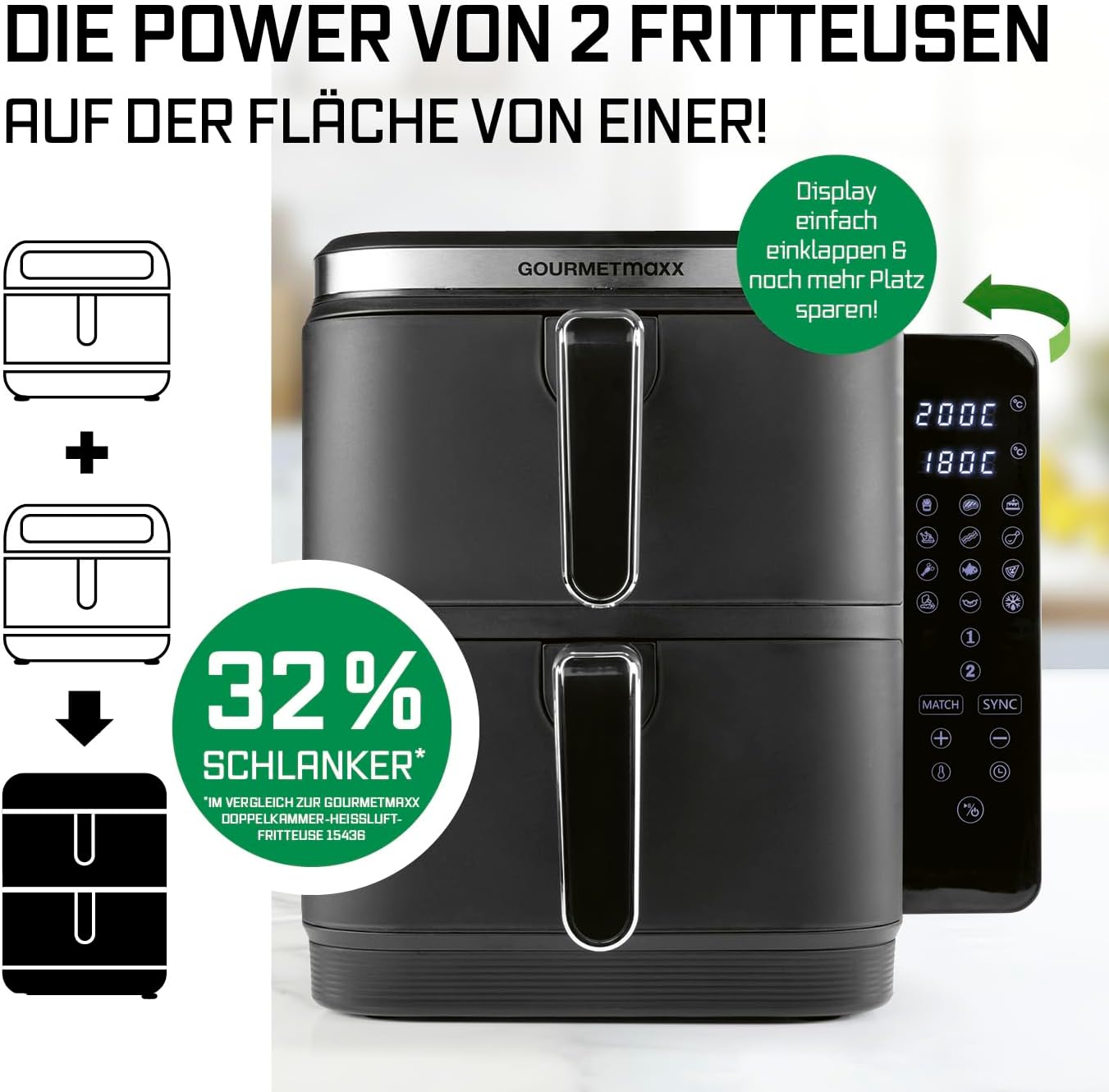 GOURMETmaxx FryUp Vertikale Doppelkammer Heißluftfritteuse | Airfryer 10 Liter | 4 Speisen auf 4 Ebenen | klappbares Touchdisplay | 32% platzsparender | Heißluftfritteuse 2 Kammern — Ansicht 2