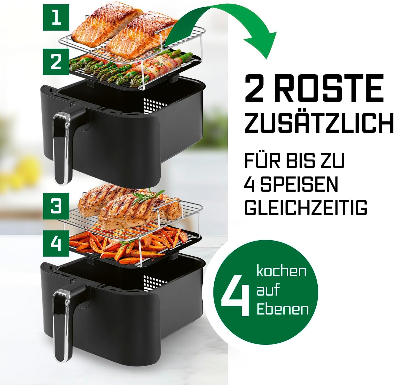 GOURMETmaxx FryUp Vertikale Doppelkammer Heißluftfritteuse | Airfryer 10 Liter | 4 Speisen auf 4 Ebenen | klappbares Touchdisplay | 32% platzsparender | Heißluftfritteuse 2 Kammern — Ansicht 3