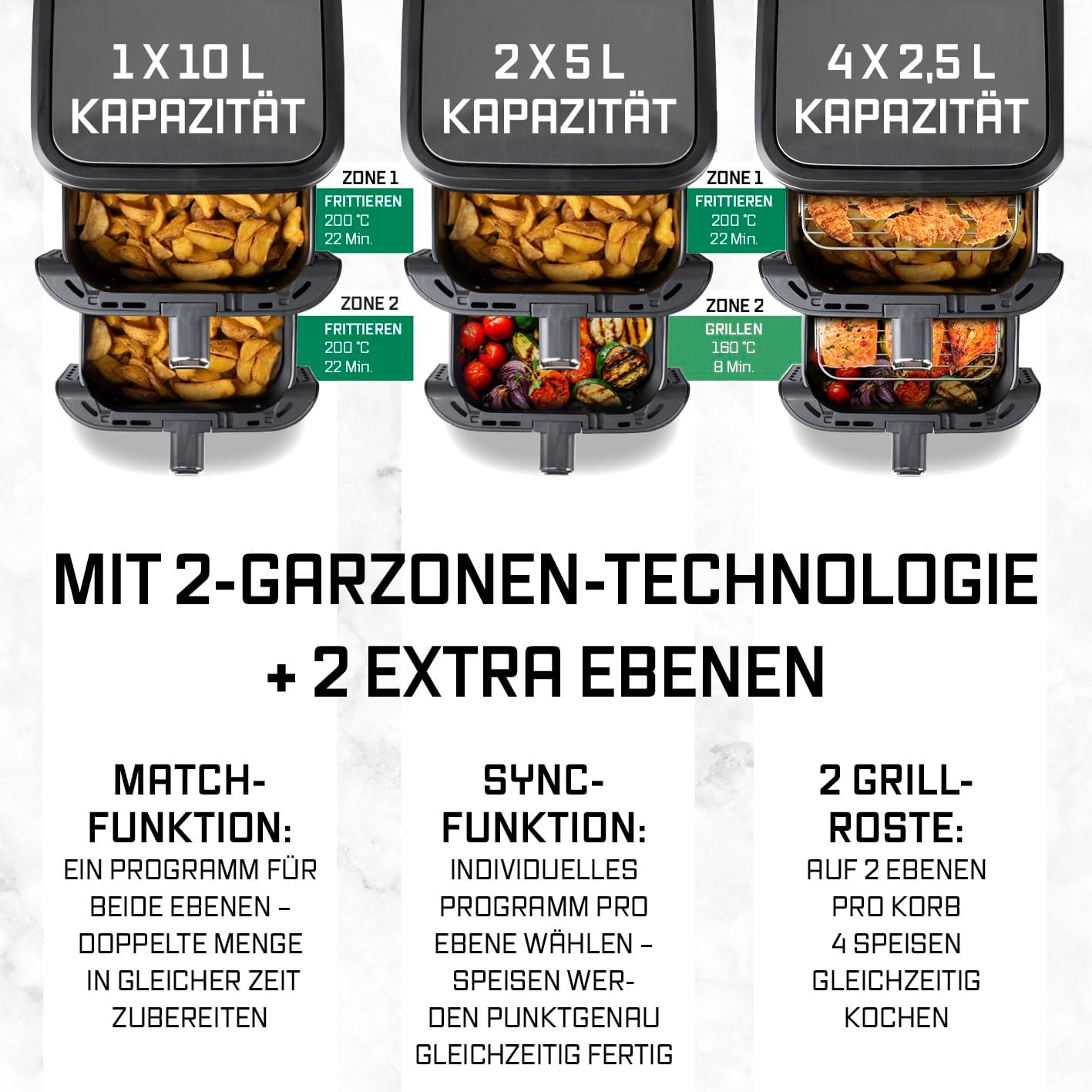 GOURMETmaxx FryUp Vertikale Doppelkammer Heißluftfritteuse | Airfryer 10 Liter | 4 Speisen auf 4 Ebenen | klappbares Touchdisplay | 32% platzsparender | Heißluftfritteuse 2 Kammern — Ansicht 4