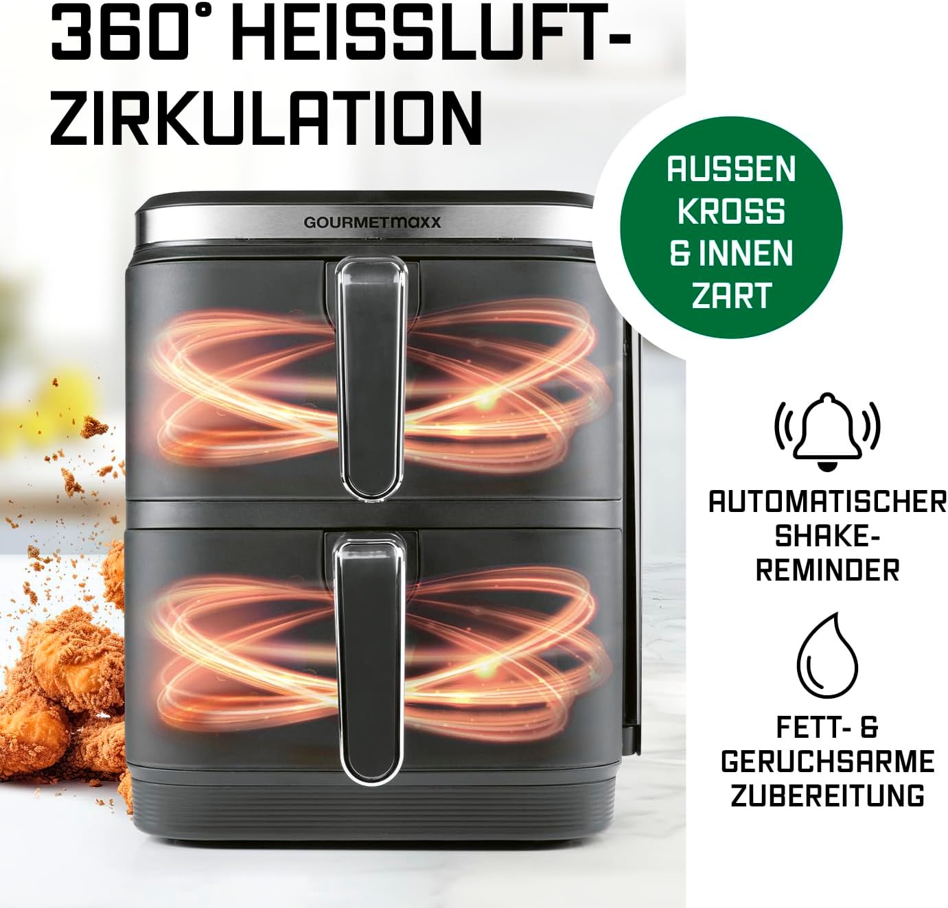 GOURMETmaxx FryUp Vertikale Doppelkammer Heißluftfritteuse | vertikaler Airfryer | klappbares Touchdisplay | 32% platzsparender | Fassungsvermögen 10L | Heißluftfritteuse 2 Kammern — Ansicht 5