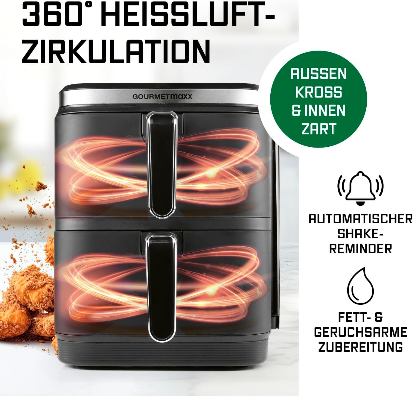 GOURMETmaxx FryUp Vertikale Doppelkammer Heißluftfritteuse | Airfryer 10 Liter | 4 Speisen auf 4 Ebenen | klappbares Touchdisplay | 32% platzsparender | Heißluftfritteuse 2 Kammern — Ansicht 5