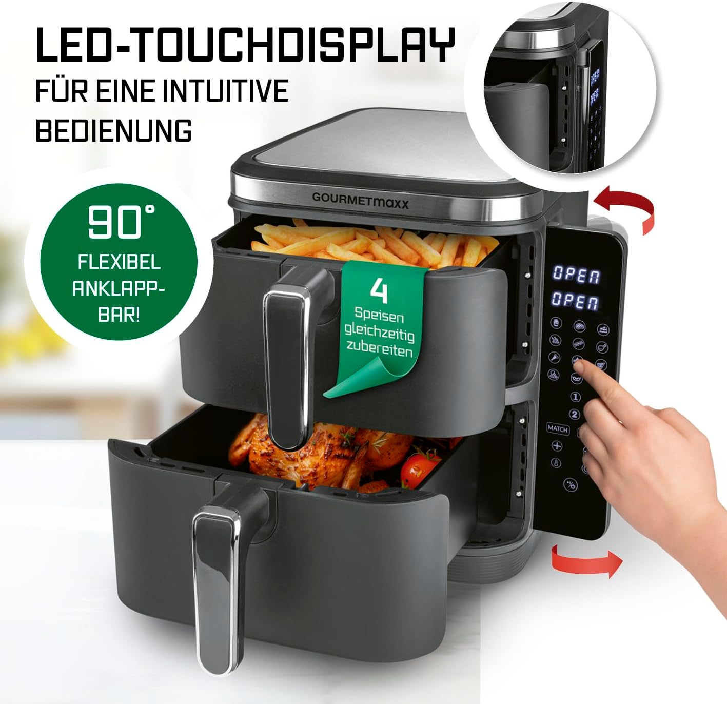 GOURMETmaxx FryUp Vertikale Doppelkammer Heißluftfritteuse | vertikaler Airfryer | klappbares Touchdisplay | 32% platzsparender | Fassungsvermögen 10L | Heißluftfritteuse 2 Kammern — Ansicht 6