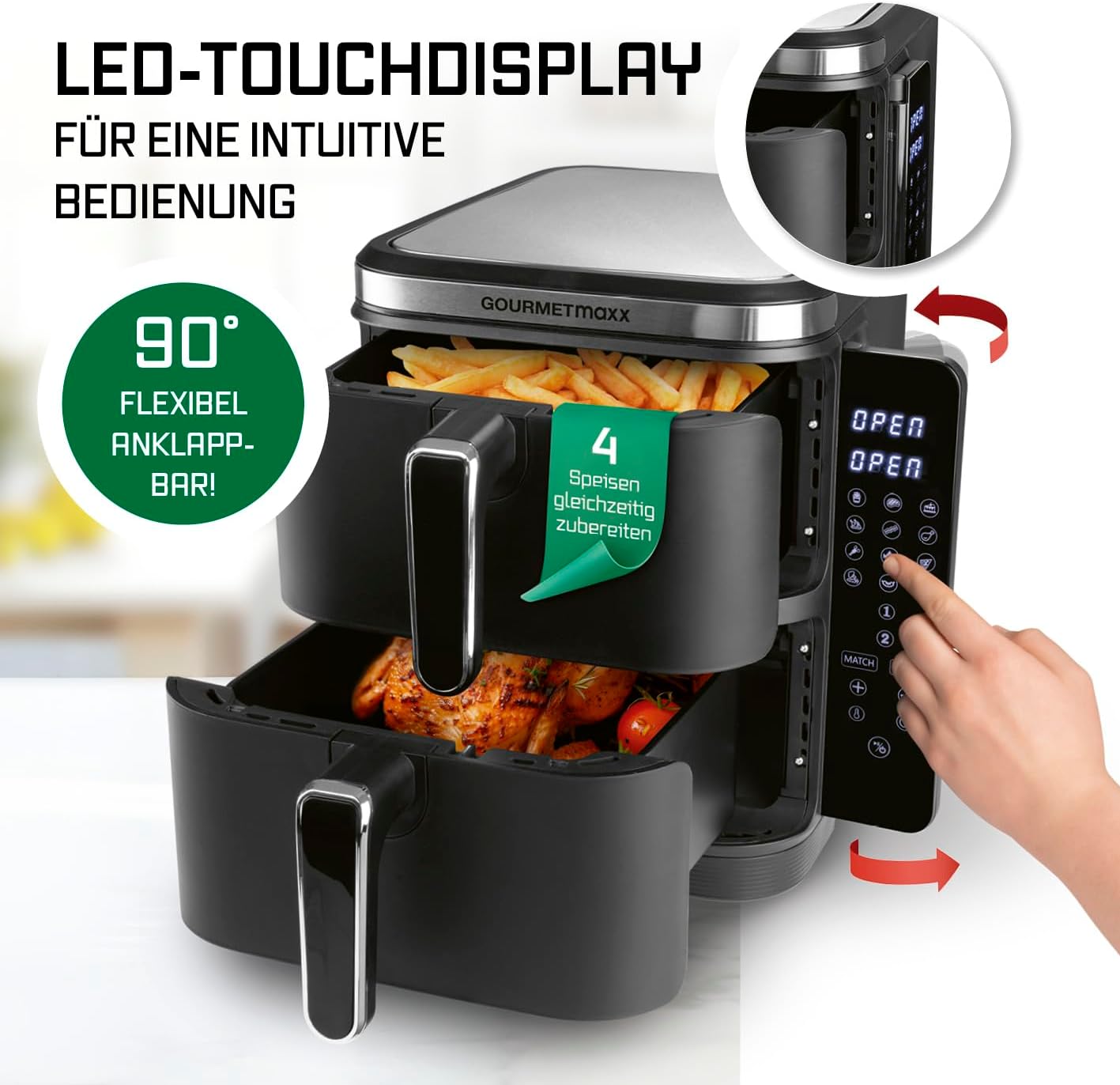 GOURMETmaxx FryUp Vertikale Doppelkammer Heißluftfritteuse | Airfryer 10 Liter | 4 Speisen auf 4 Ebenen | klappbares Touchdisplay | 32% platzsparender | Heißluftfritteuse 2 Kammern — Ansicht 6
