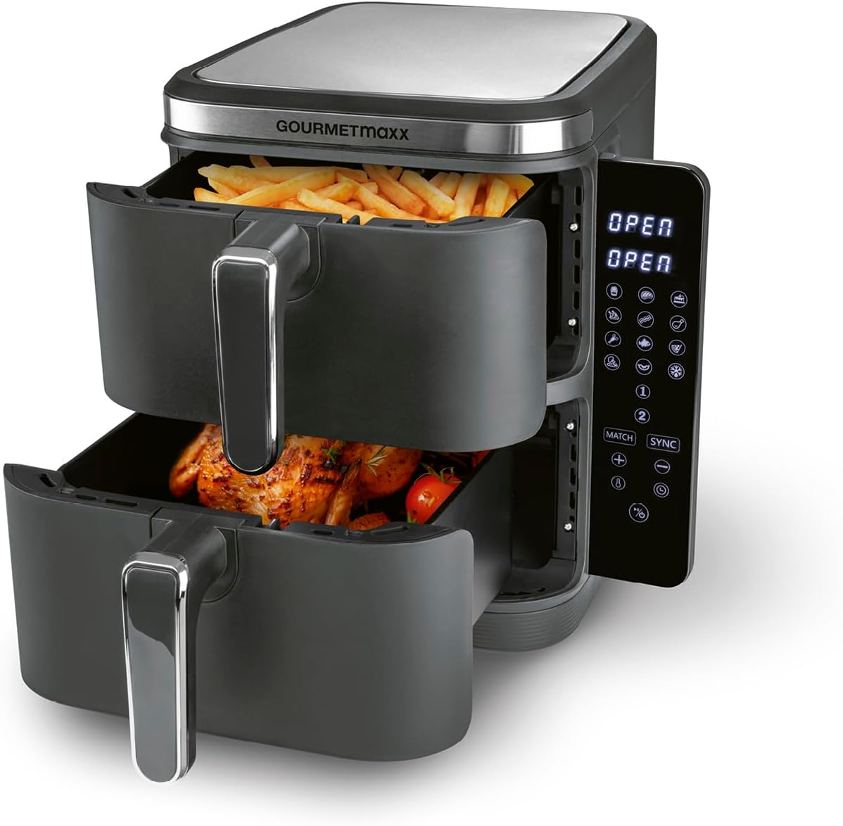 GOURMETmaxx FryUp Vertikale Doppelkammer Heißluftfritteuse | vertikaler Airfryer | klappbares Touchdisplay | 32% platzsparender | Fassungsvermögen 10L | Heißluftfritteuse 2 Kammern