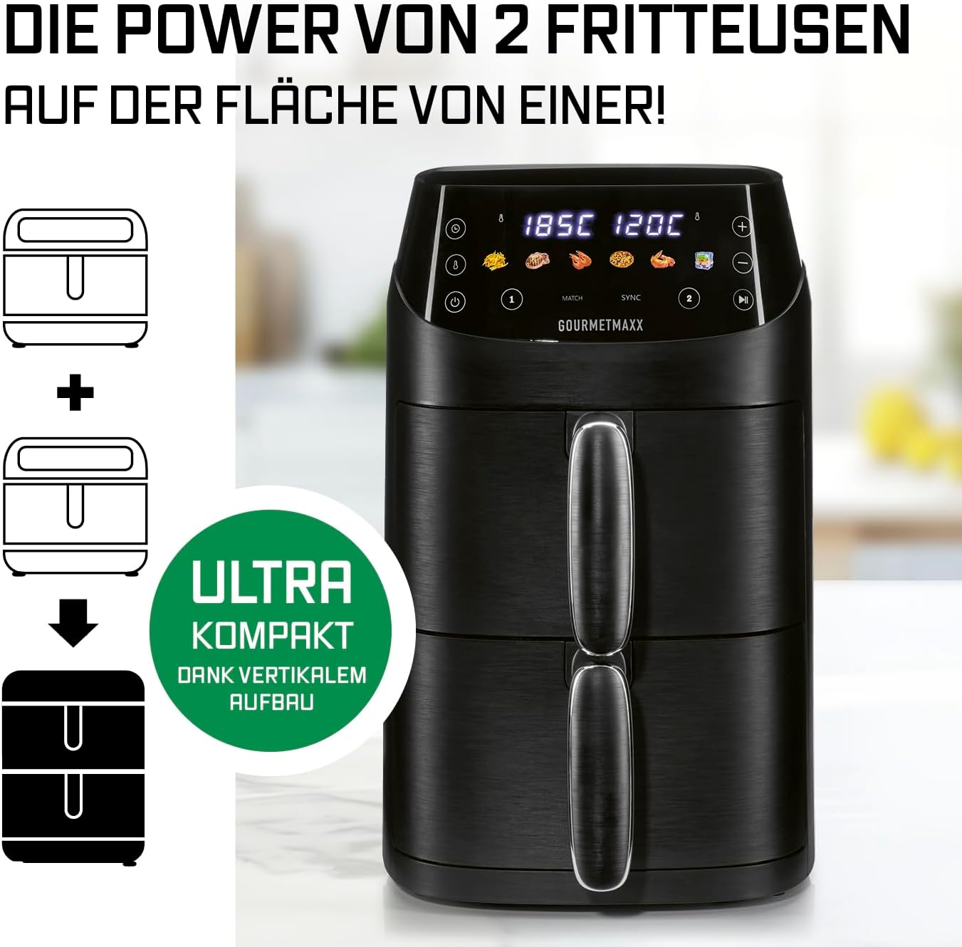 GOURMETmaxx FryUp Vertikale Doppelkammer Heißluftfritteuse XS | Airfryer mit MultiColour-LED-Touchdisplay | Heißluftfritteuse 2 Kammern, 5 L Volumen (2x2,5L) | Heissluftfritteuse Doppelkammer 2 Ebenen — Ansicht 2