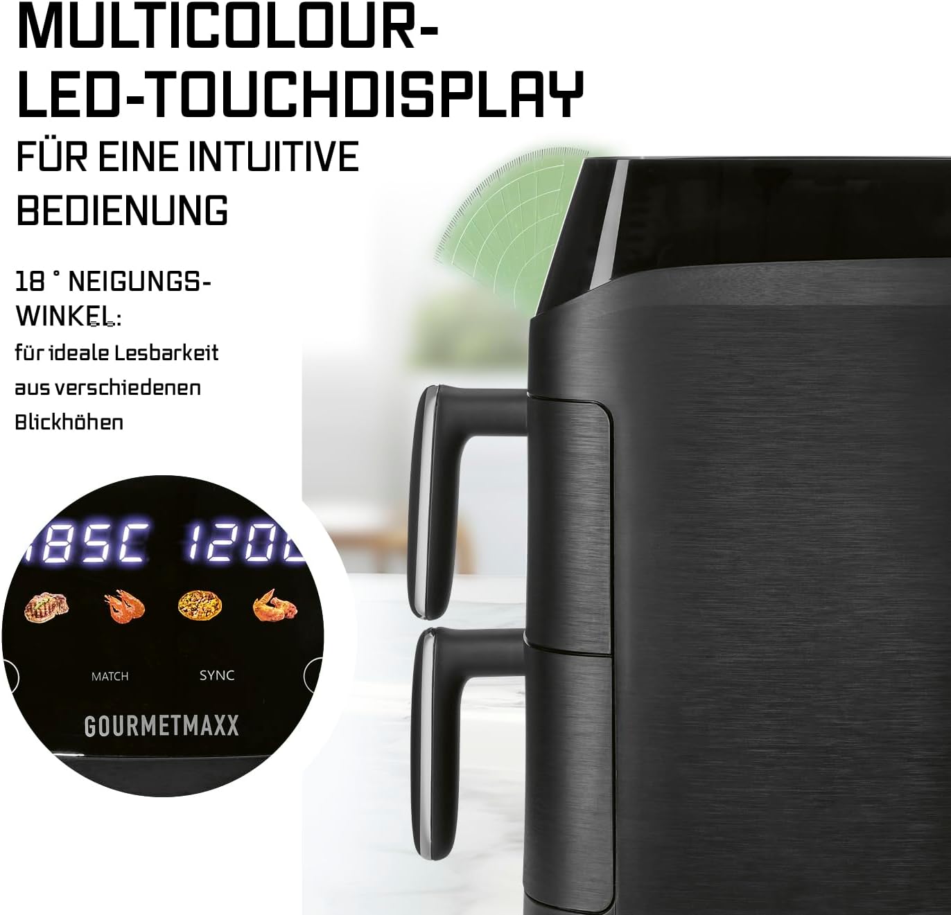 GOURMETmaxx FryUp Vertikale Doppelkammer Heißluftfritteuse XS | Airfryer mit MultiColour-LED-Touchdisplay | Heißluftfritteuse 2 Kammern, 5 L Volumen (2x2,5L) | Heissluftfritteuse Doppelkammer 2 Ebenen — Ansicht 3
