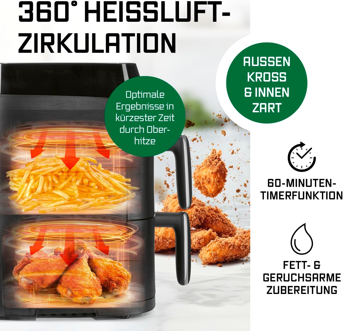 GOURMETmaxx FryUp Vertikale Doppelkammer Heißluftfritteuse XS | Airfryer mit MultiColour-LED-Touchdisplay | Heißluftfritteuse 2 Kammern, 5 L Volumen (2x2,5L) | Heissluftfritteuse Doppelkammer 2 Ebenen — Ansicht 4