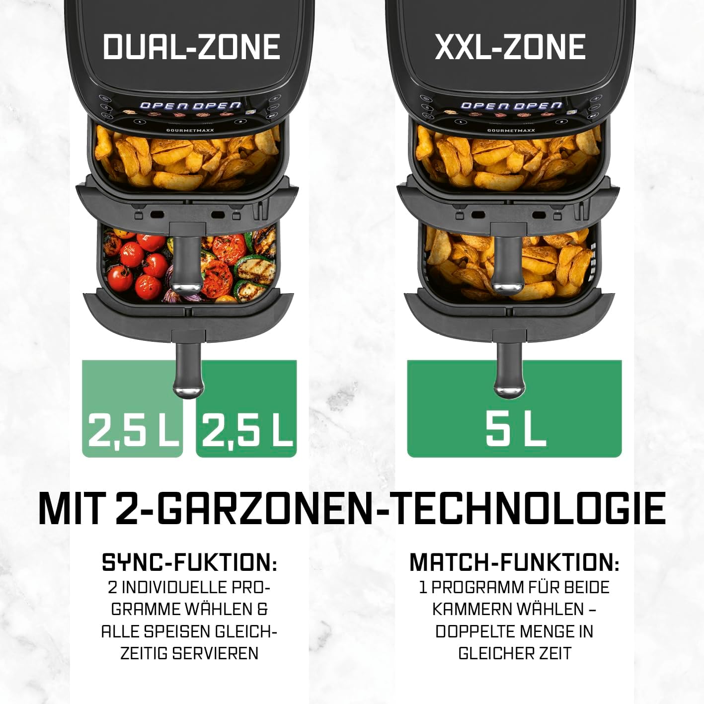 GOURMETmaxx FryUp Vertikale Doppelkammer Heißluftfritteuse XS | Airfryer mit MultiColour-LED-Touchdisplay | Heißluftfritteuse 2 Kammern, 5 L Volumen (2x2,5L) | Heissluftfritteuse Doppelkammer 2 Ebenen — Ansicht 5