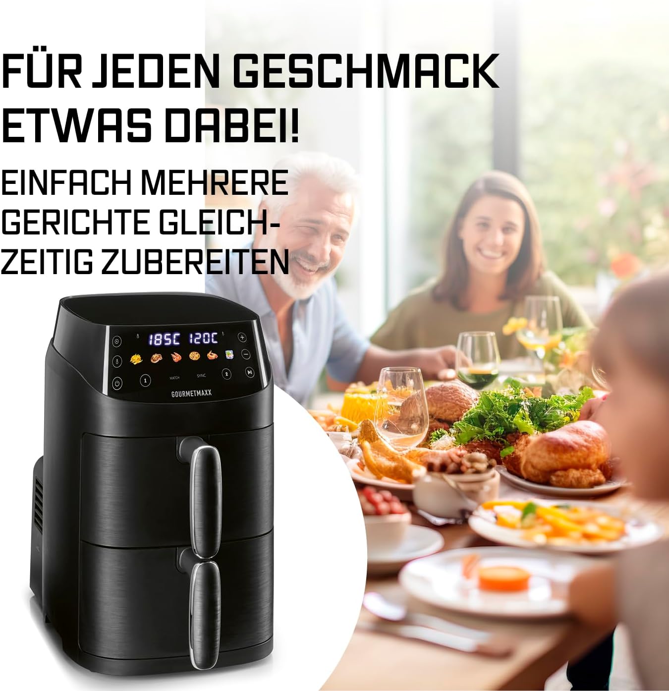 GOURMETmaxx FryUp Vertikale Doppelkammer Heißluftfritteuse XS | Airfryer mit MultiColour-LED-Touchdisplay | Heißluftfritteuse 2 Kammern, 5 L Volumen (2x2,5L) | Heissluftfritteuse Doppelkammer 2 Ebenen — Ansicht 6