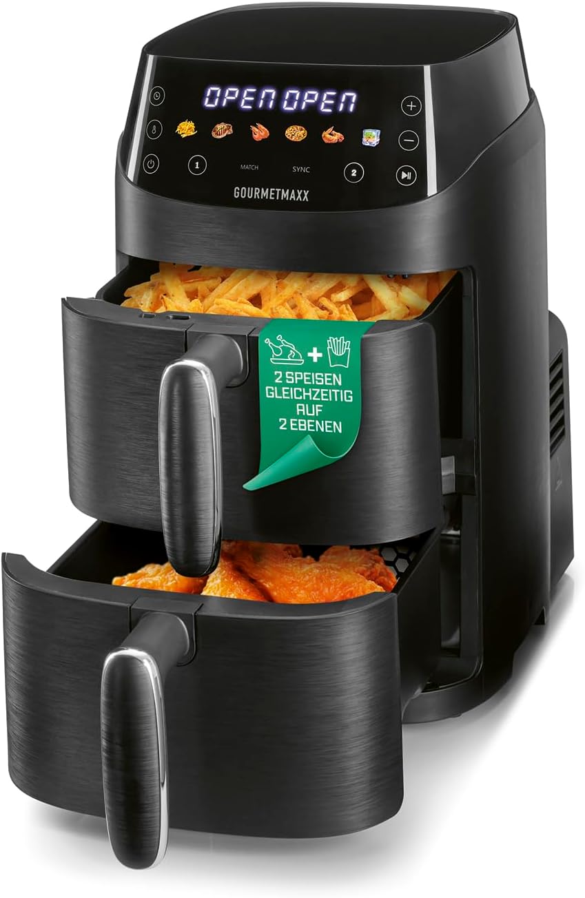 GOURMETmaxx FryUp Vertikale Doppelkammer Heißluftfritteuse XS | Airfryer mit MultiColour-LED-Touchdisplay | Heißluftfritteuse 2 Kammern, 5 L Volumen (2x2,5L) | Heissluftfritteuse Doppelkammer 2 Ebenen
