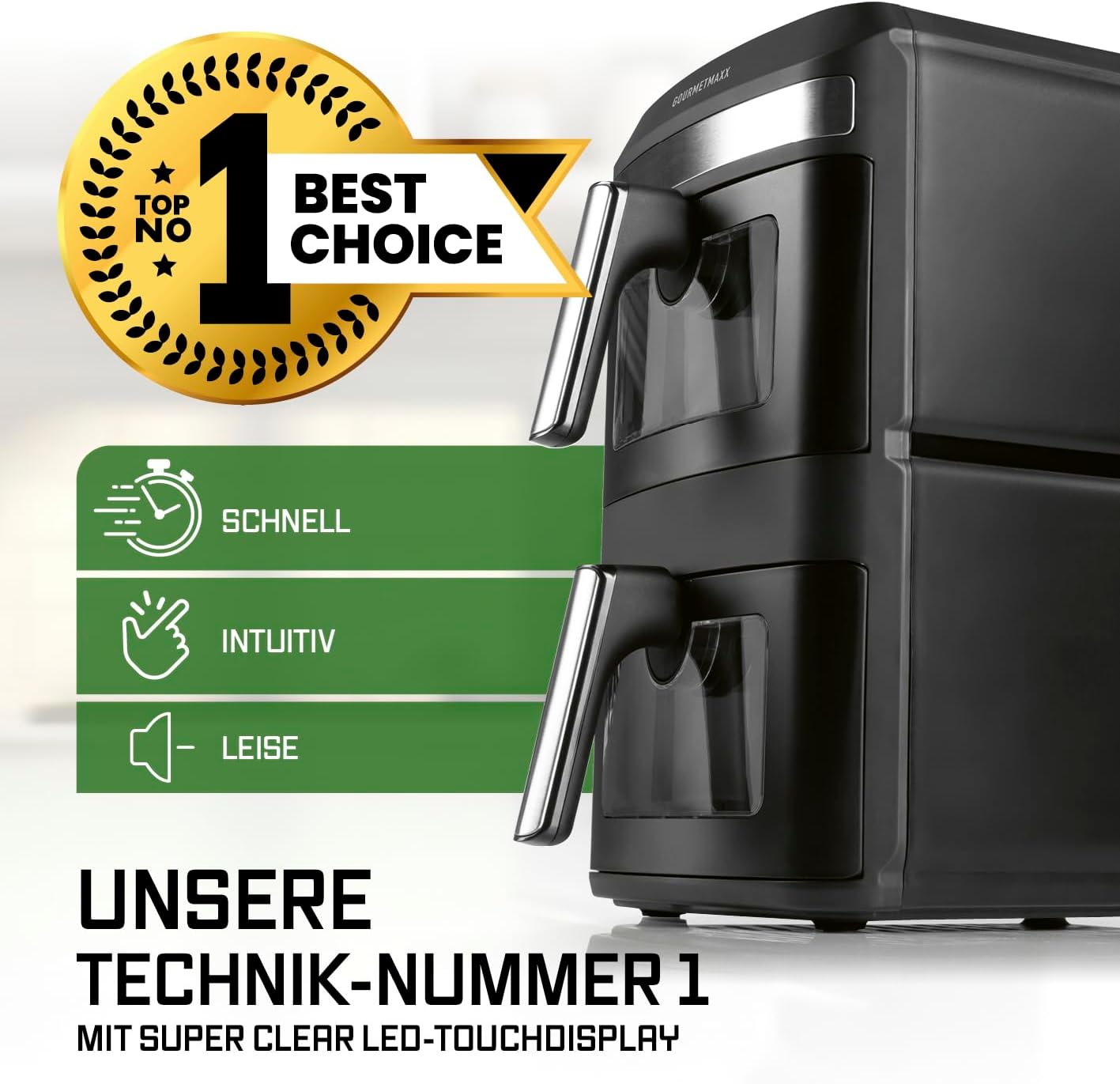 GOURMETmaxx FryUp XL vertikale Doppelkammer Heißluftfritteuse mit Sichtfenster - 12 L | Airfryer mit 9,6 Zoll Multi-Colour LED-Touchdisplay & 12 Programmen | Heißluftfritteuse 2 Kammern mit Oberhitze — Ansicht 2