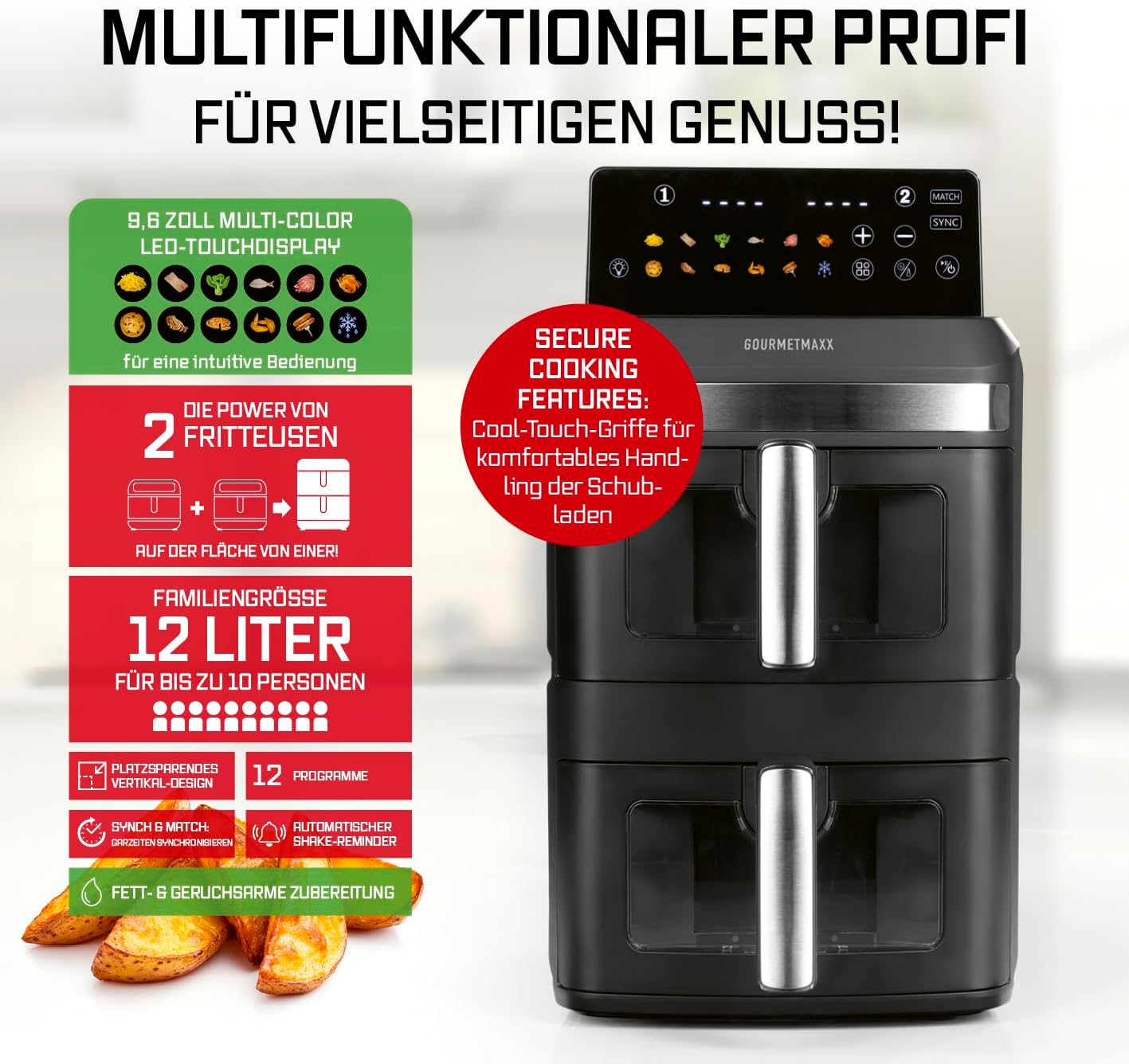 GOURMETmaxx FryUp XL vertikale Doppelkammer Heißluftfritteuse mit Sichtfenster - 12 L | Airfryer mit 9,6 Zoll Multi-Colour LED-Touchdisplay & 12 Programmen | Heißluftfritteuse 2 Kammern mit Oberhitze — Ansicht 3