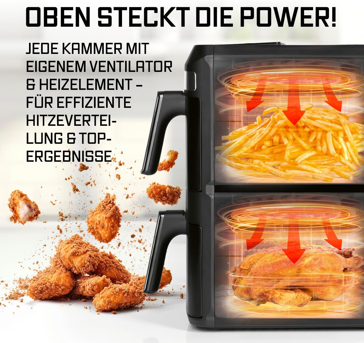 GOURMETmaxx FryUp XL vertikale Doppelkammer Heißluftfritteuse mit Sichtfenster - 12 L | Airfryer mit 9,6 Zoll Multi-Colour LED-Touchdisplay & 12 Programmen | Heißluftfritteuse 2 Kammern mit Oberhitze — Ansicht 5