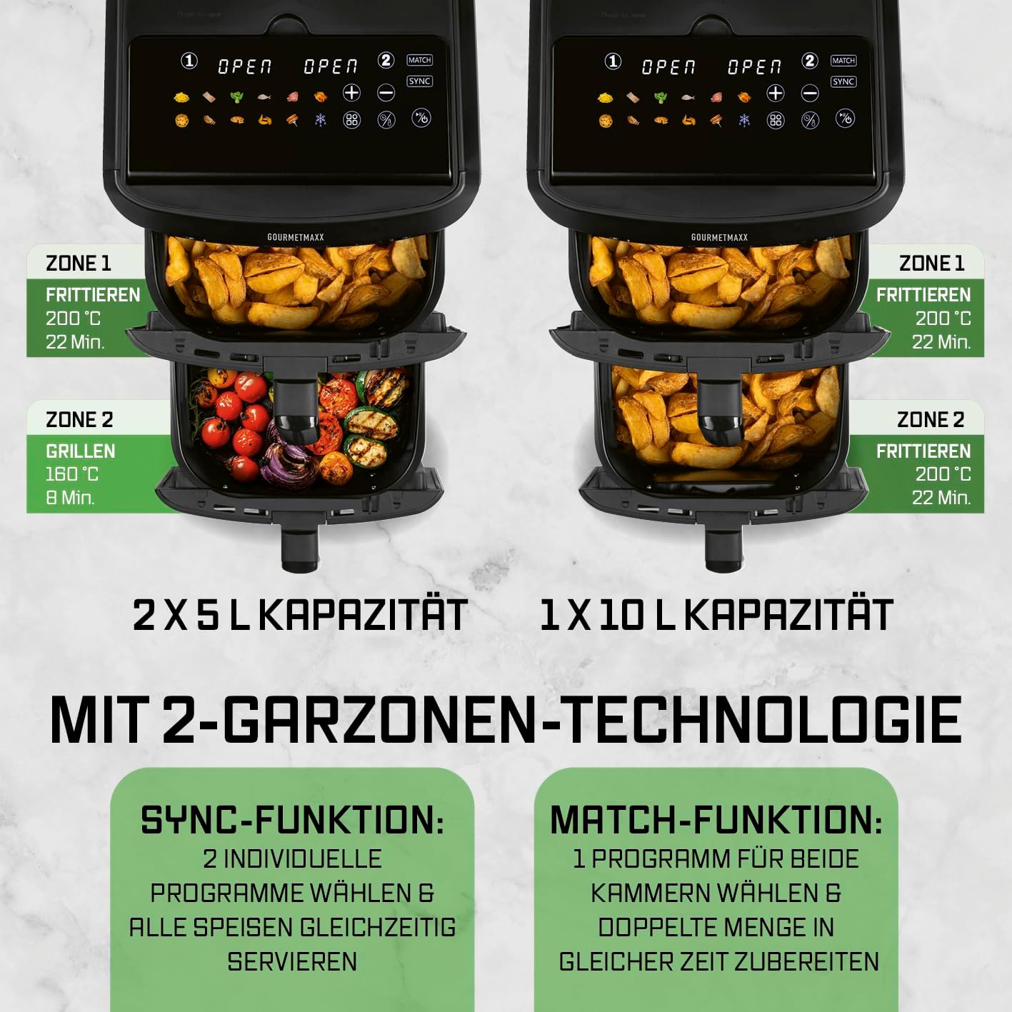 GOURMETmaxx FryUp XL vertikale Doppelkammer Heißluftfritteuse mit Sichtfenster - 12 L | Airfryer mit 9,6 Zoll Multi-Colour LED-Touchdisplay & 12 Programmen | Heißluftfritteuse 2 Kammern mit Oberhitze — Ansicht 6