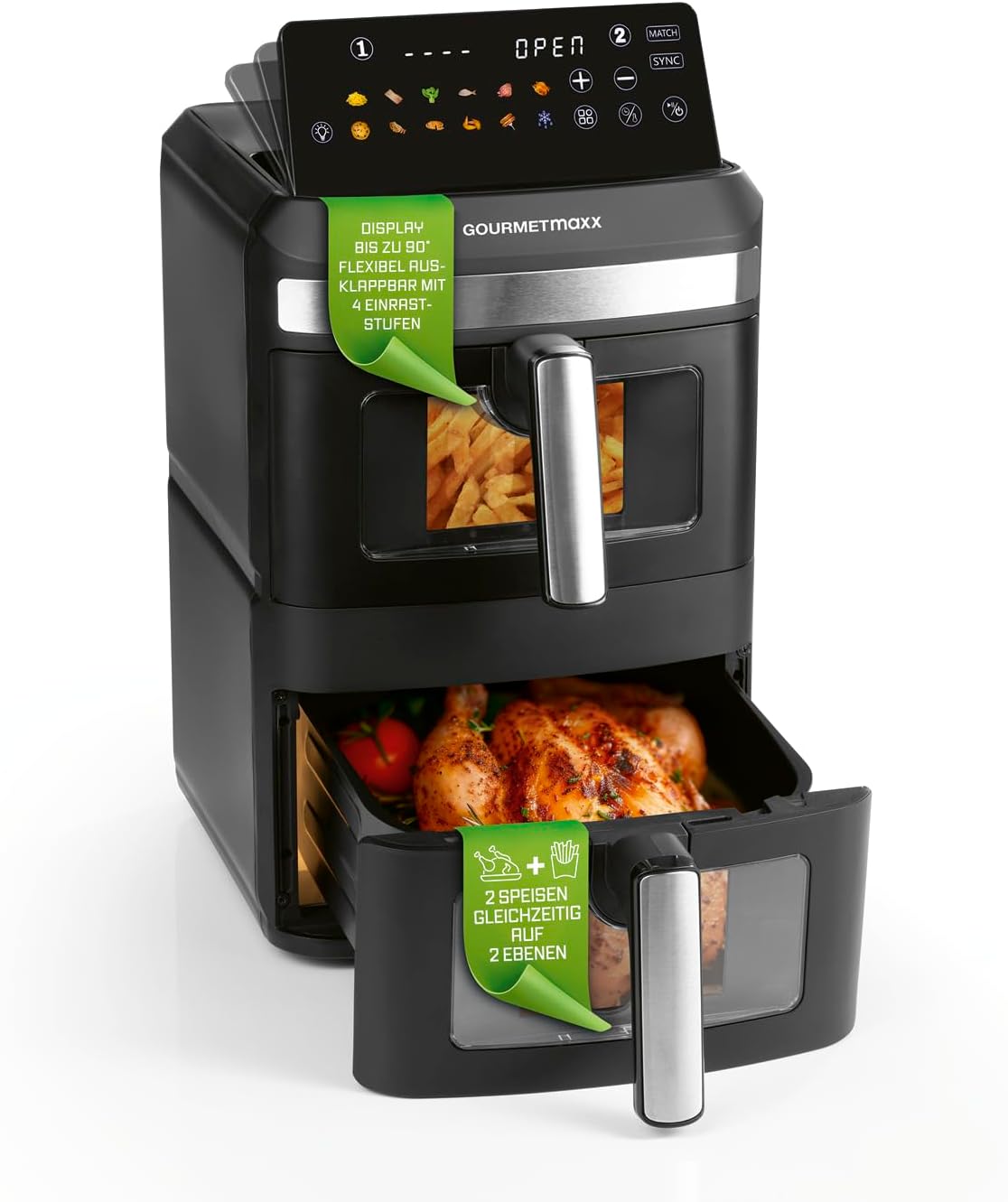 GOURMETmaxx FryUp XL vertikale Doppelkammer Heißluftfritteuse mit Sichtfenster - 12 L | Airfryer mit 9,6 Zoll Multi-Colour LED-Touchdisplay & 12 Programmen | Heißluftfritteuse 2 Kammern mit Oberhitze