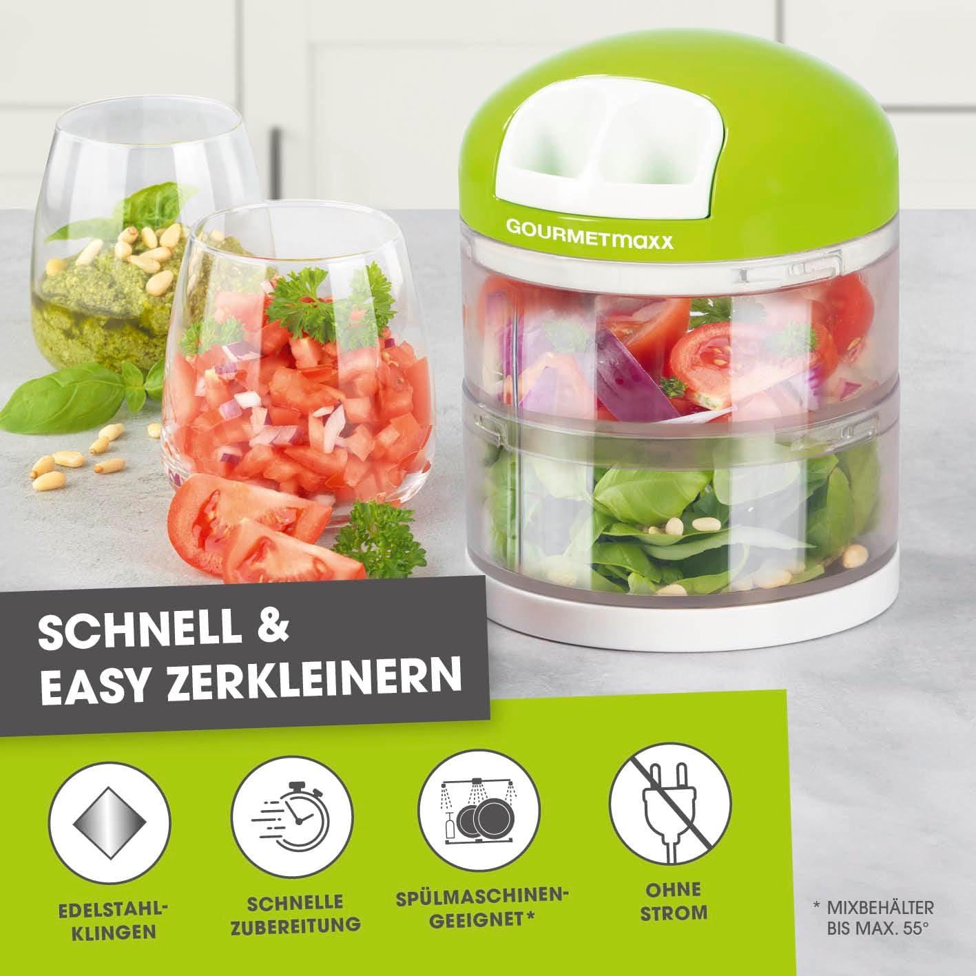 GOURMETmaxx Gemüseschneider | 1 Zwiebelschneider – 2 getrennte Behälter à 250 ml | Zerkleinerer mit Zugmechanismus | 2in1 Zwiebel Zerkleinerer & Multizerkleinerer für Gemüse & Co. — Ansicht 2