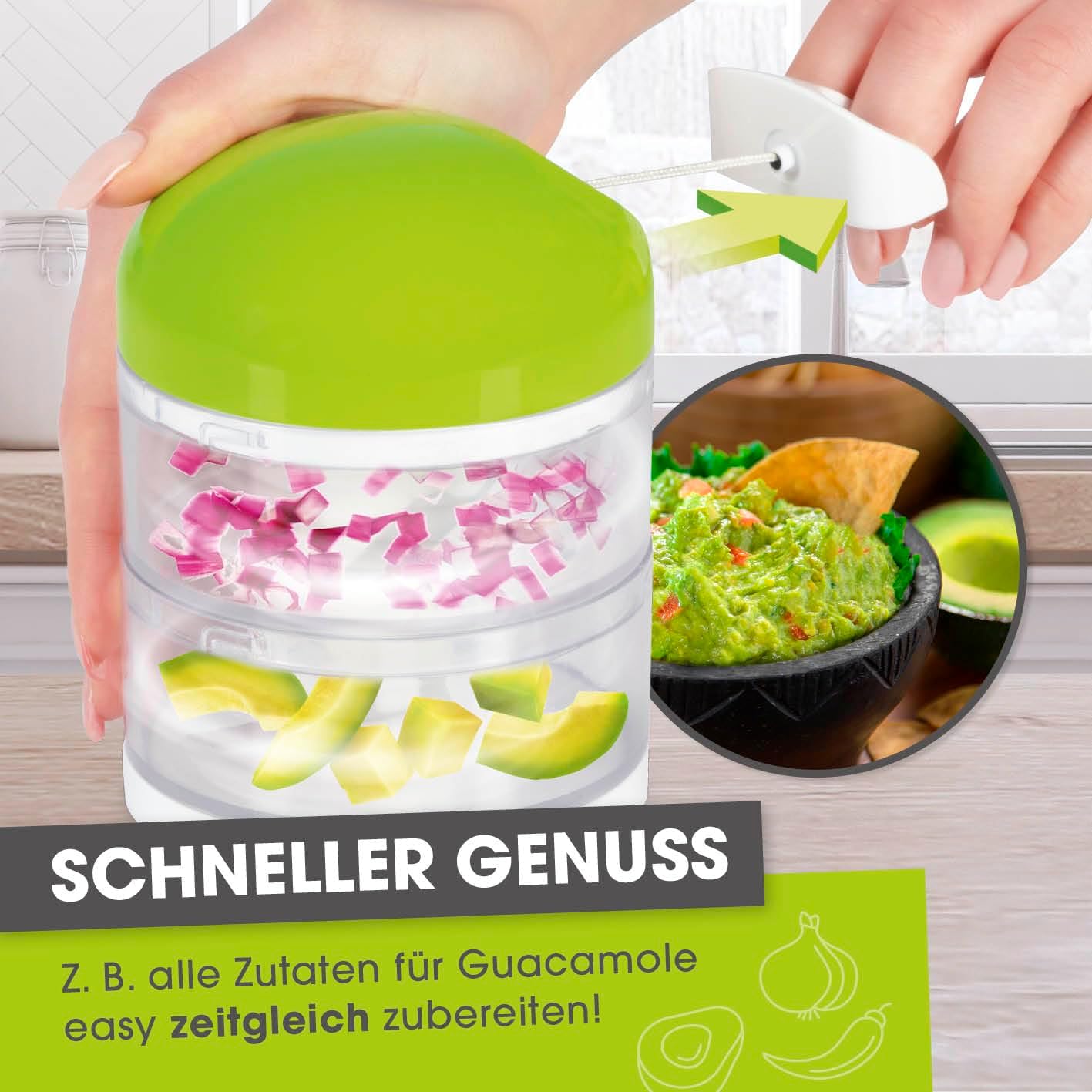 GOURMETmaxx Gemüseschneider | 1 Zwiebelschneider – 2 getrennte Behälter à 250 ml | Zerkleinerer mit Zugmechanismus | 2in1 Zwiebel Zerkleinerer & Multizerkleinerer für Gemüse & Co. — Ansicht 4