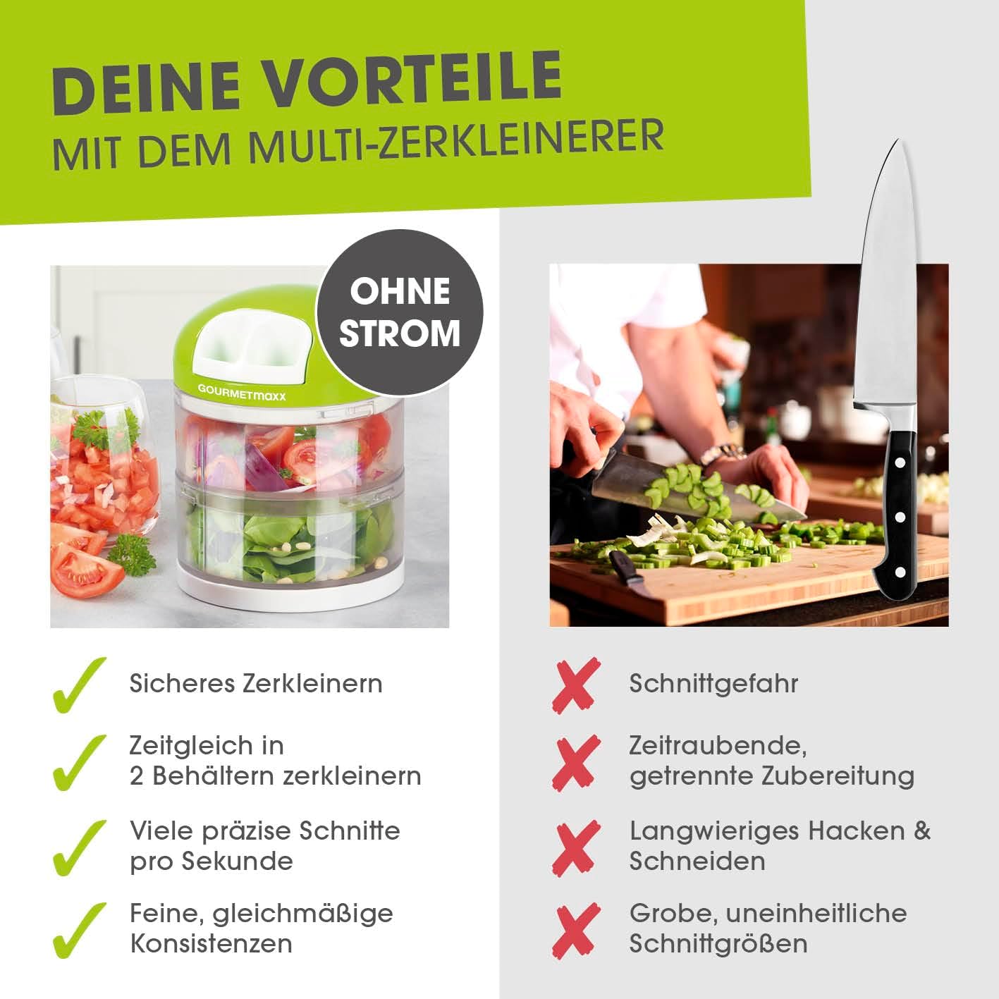GOURMETmaxx Gemüseschneider | 1 Zwiebelschneider – 2 getrennte Behälter à 250 ml | Zerkleinerer mit Zugmechanismus | 2in1 Zwiebel Zerkleinerer & Multizerkleinerer für Gemüse & Co. — Ansicht 6
