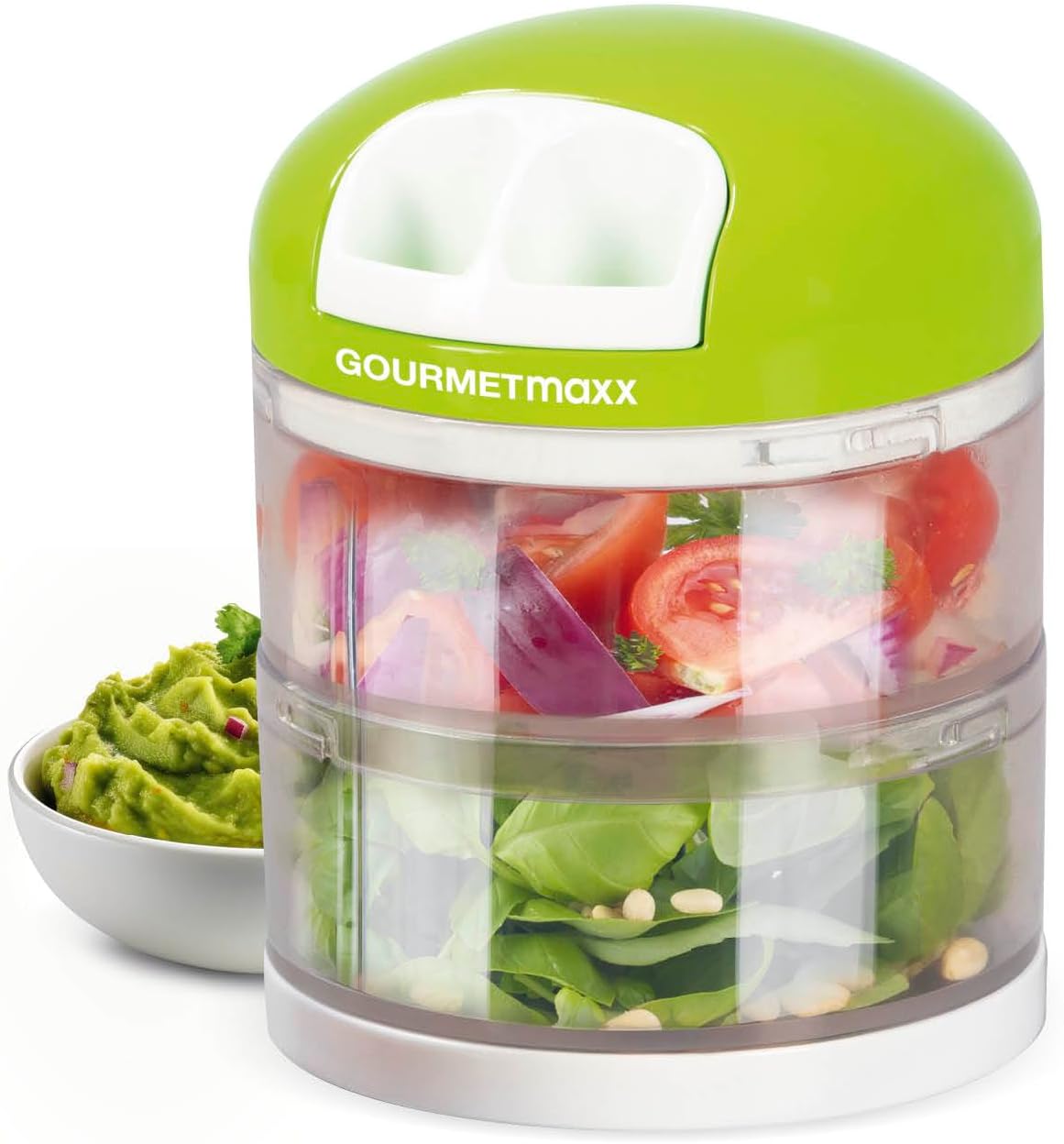 GOURMETmaxx Gemüseschneider | 1 Zwiebelschneider – 2 getrennte Behälter à 250 ml | Zerkleinerer mit Zugmechanismus | 2in1 Zwiebel Zerkleinerer & Multizerkleinerer für Gemüse & Co.