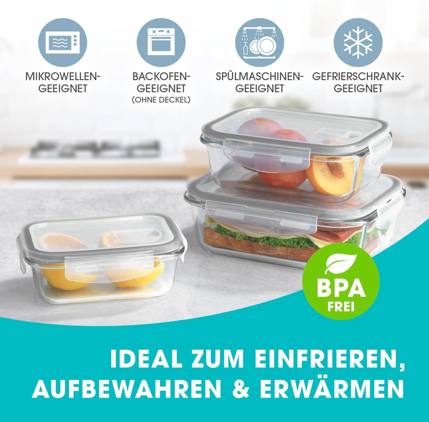 GOURMETmaxx Glas-Frischhaltedosen Klick-it 6er Set | Als Brotdose oder für Meal Prep | Spülmaschinen- Mikrowellen- und Gefrierschrankgeeignet | Aufbewahrungsbox mit Deckel mit Silikon Dichtungsring — Ansicht 2