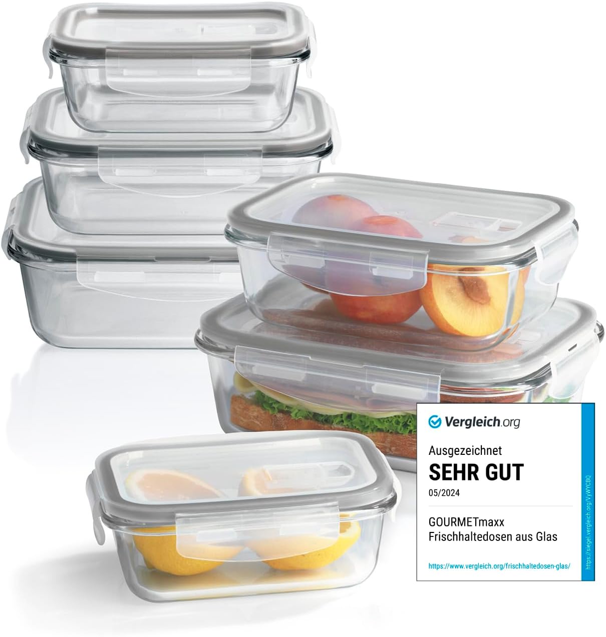 GOURMETmaxx Glas-Frischhaltedosen Klick-it 6er Set | Als Brotdose oder für Meal Prep | Spülmaschinen- Mikrowellen- und Gefrierschrankgeeignet | Aufbewahrungsbox mit Deckel mit Silikon Dichtungsring