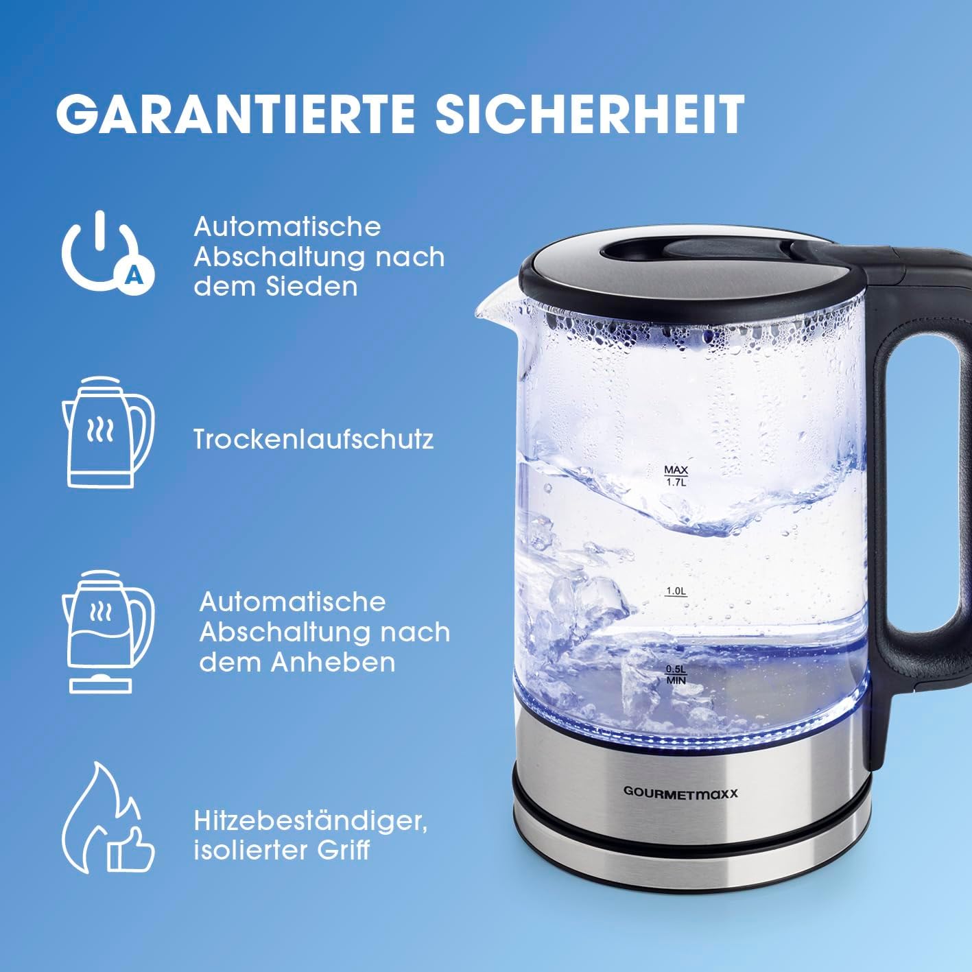 GOURMETmaxx Glas-Wasserkocher 1,7 Liter mit integrierter Beleuchtung | Leistungsstarker Boiler mit Abschaltfunktion & Kalkfilter | Edelstahl Heißwasserspender mit Wasserstandsanzeige [Silber] — Ansicht 2