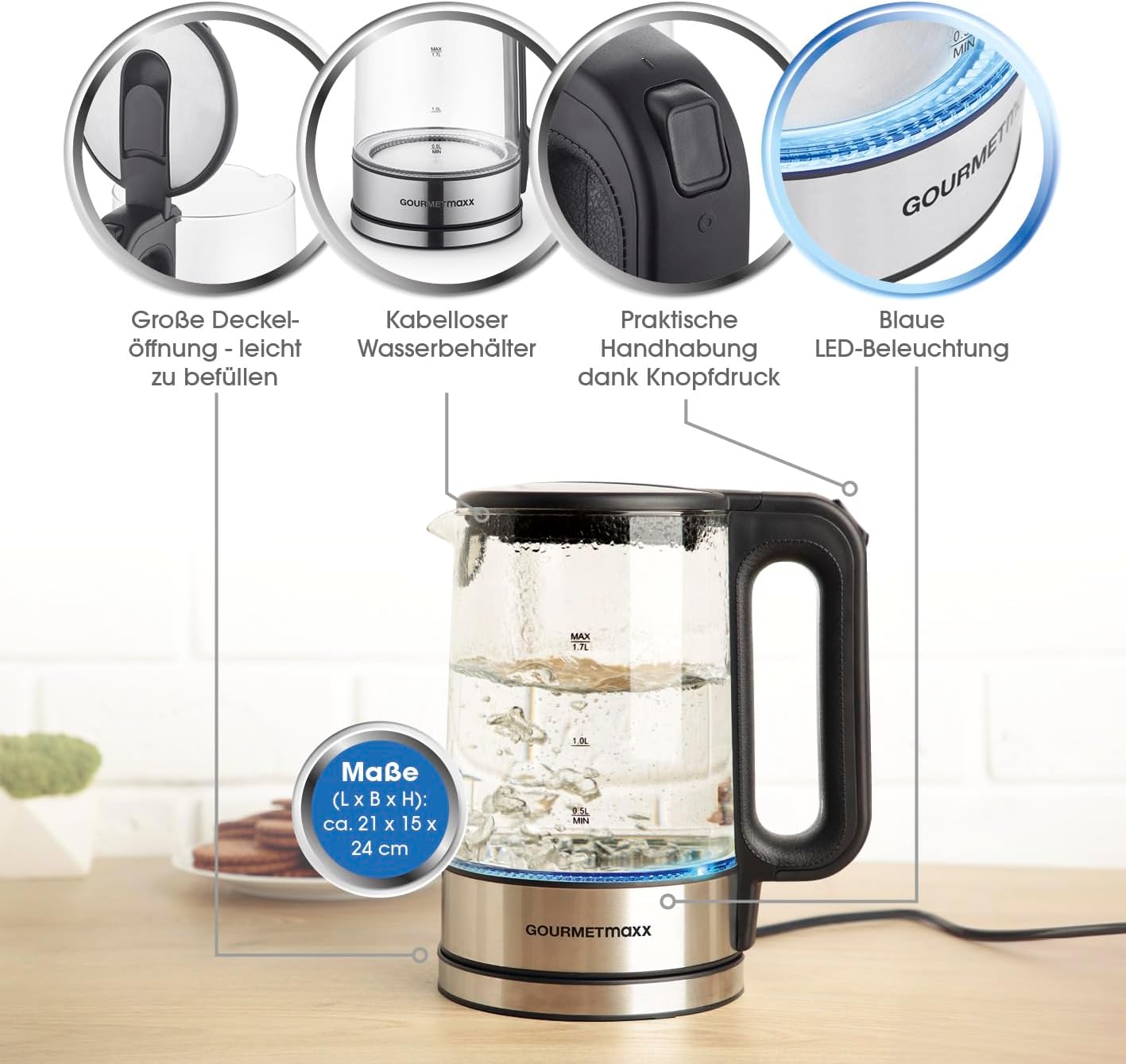GOURMETmaxx Glas-Wasserkocher 1,7 Liter mit integrierter Beleuchtung | Leistungsstarker Boiler mit Abschaltfunktion & Kalkfilter | Edelstahl Heißwasserspender mit Wasserstandsanzeige [Silber] — Ansicht 3