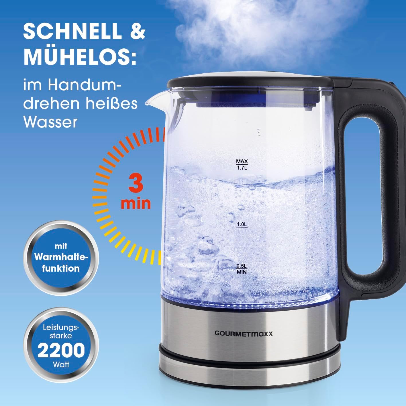GOURMETmaxx Glas-Wasserkocher 1,7 Liter mit integrierter Beleuchtung | Leistungsstarker Boiler mit Abschaltfunktion & Kalkfilter | Edelstahl Heißwasserspender mit Wasserstandsanzeige [Silber] — Ansicht 4