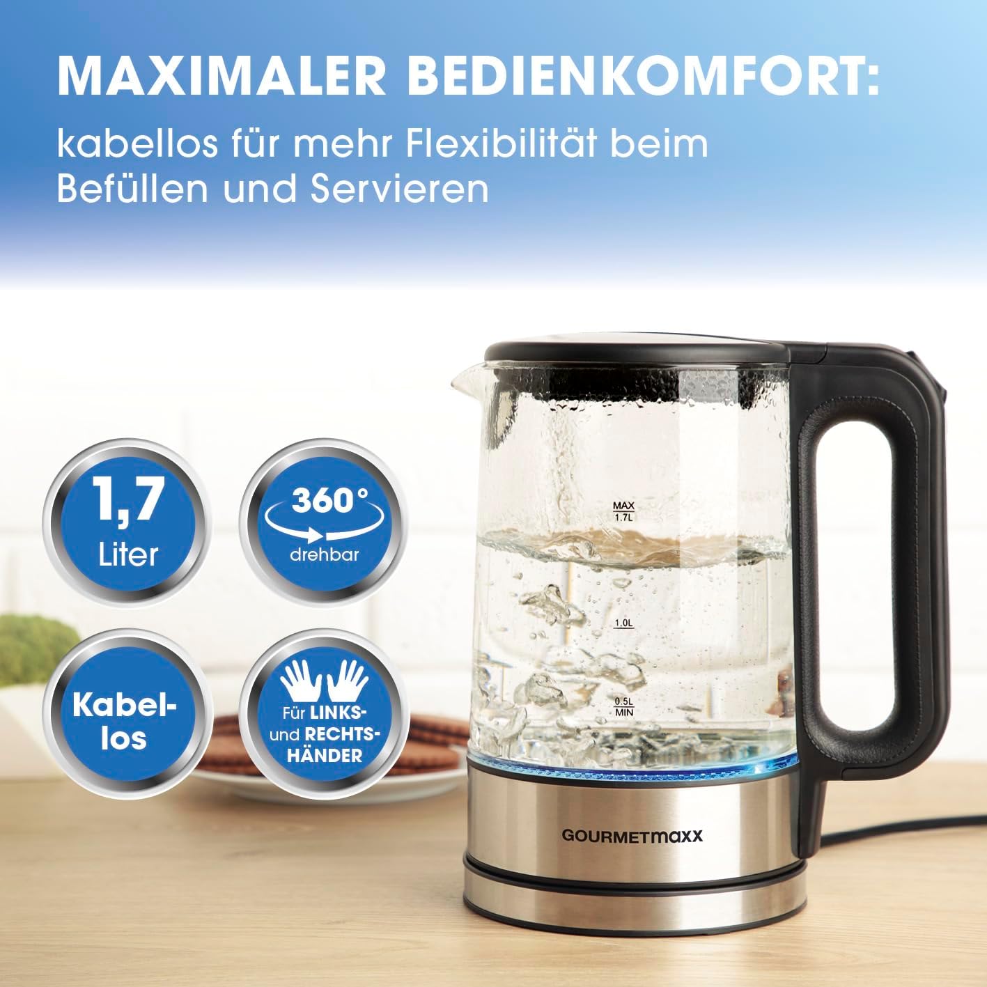 GOURMETmaxx Glas-Wasserkocher 1,7 Liter mit integrierter Beleuchtung | Leistungsstarker Boiler mit Abschaltfunktion & Kalkfilter | Edelstahl Heißwasserspender mit Wasserstandsanzeige [Silber] — Ansicht 5