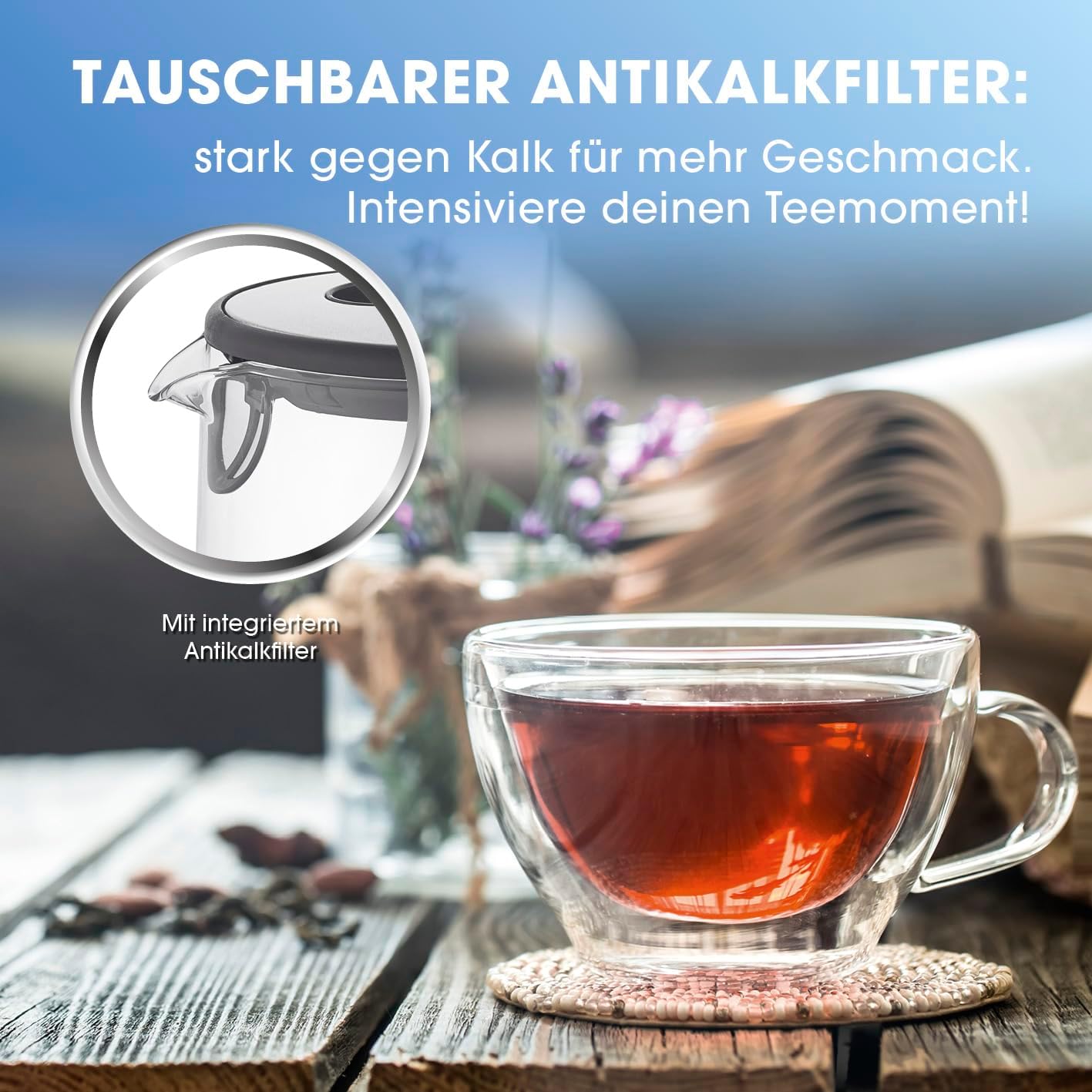 GOURMETmaxx Glas-Wasserkocher 1,7 Liter mit integrierter Beleuchtung | Leistungsstarker Boiler mit Abschaltfunktion & Kalkfilter | Edelstahl Heißwasserspender mit Wasserstandsanzeige [Silber] — Ansicht 6